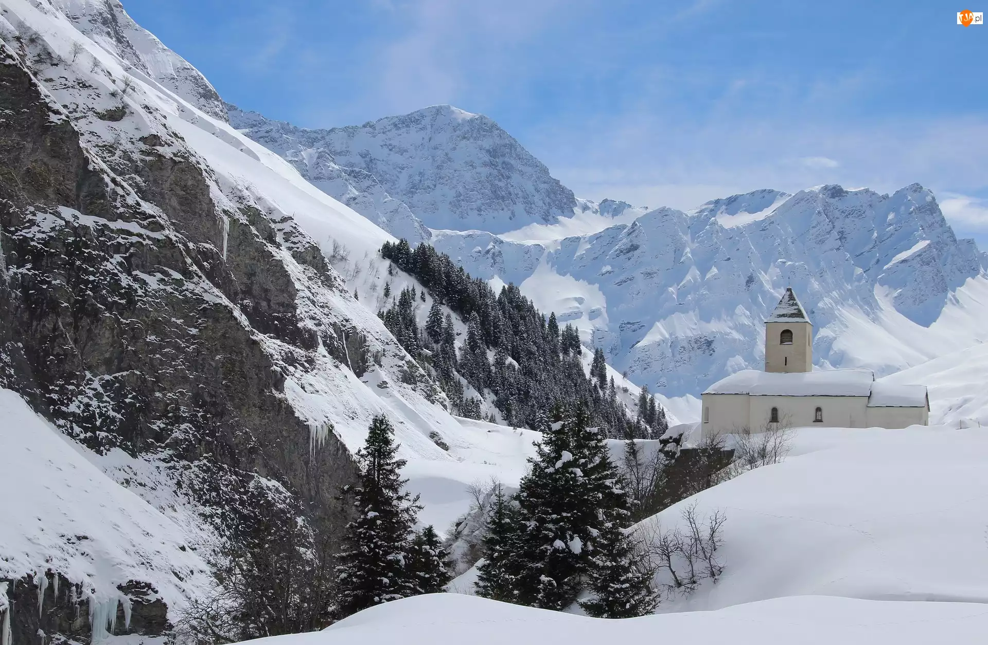 Góry, Zima, Śnieg, Kościół