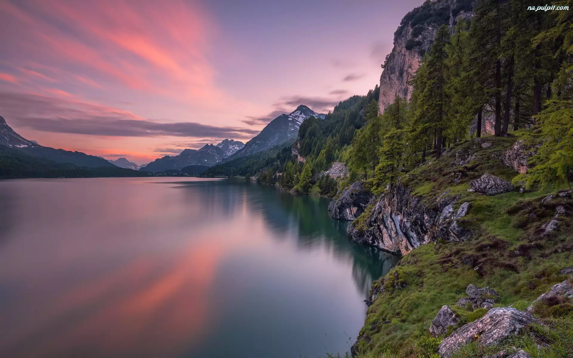 Dolina Engadyna, Góry, Zachód słońca, Szwajcaria, Drzewa, Las, Jezioro Silsersee
