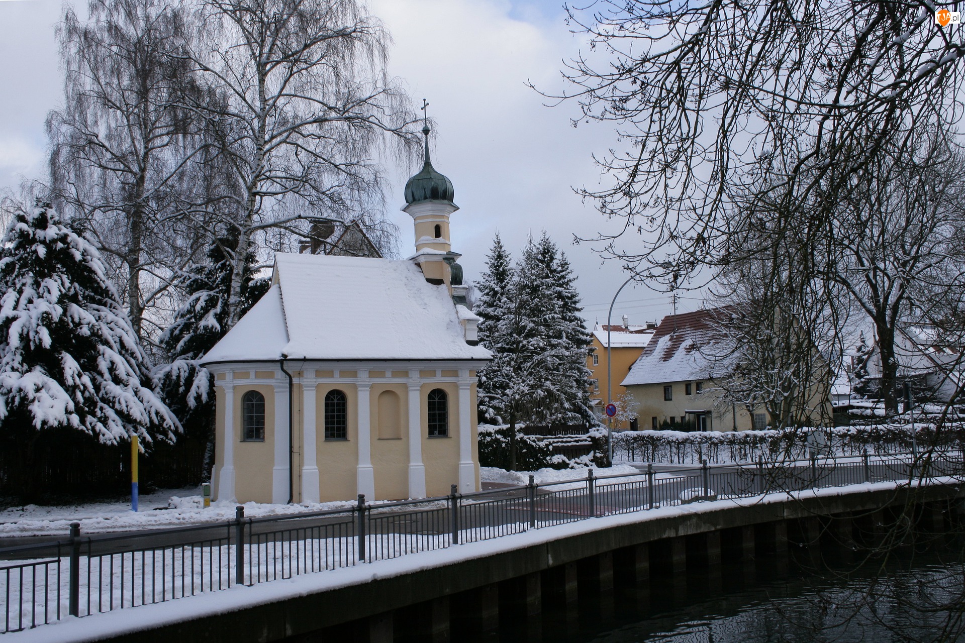 Drzewa, Zima, Kaplica, Kościół, Most
