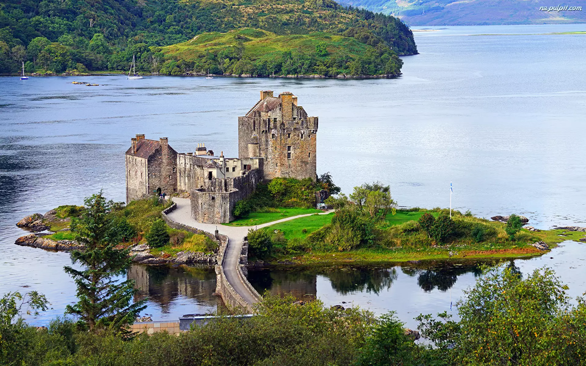 Jezioro, Szkocja, Ruiny, Loch Duich, Zamek, Wyspa, Drzewa, Eilean Donan