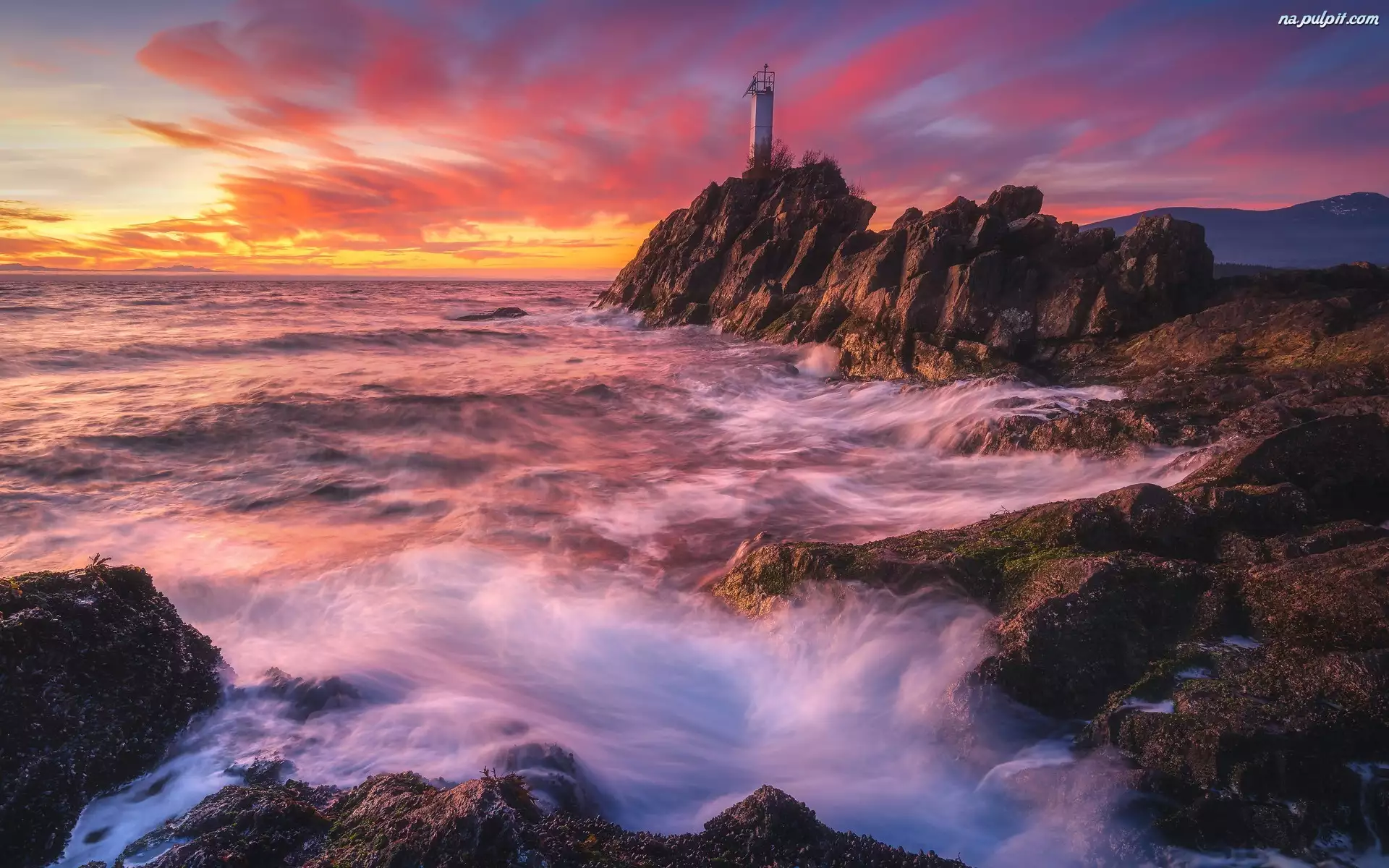 Latarnia morska, Morze, Skały, Kanada, Cape Roger Curtis Lighthouse, Zachód słońca