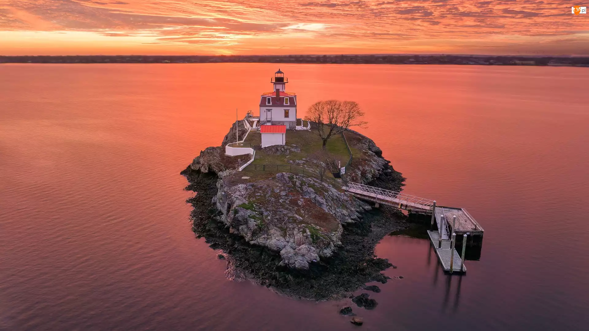 Zachód słońca, Nowa Anglia, Pomham Rocks Light, Skały, Latarnia morska, Rhode Island, Wyspa, Stany Zjednoczone, Rzeka Providence
