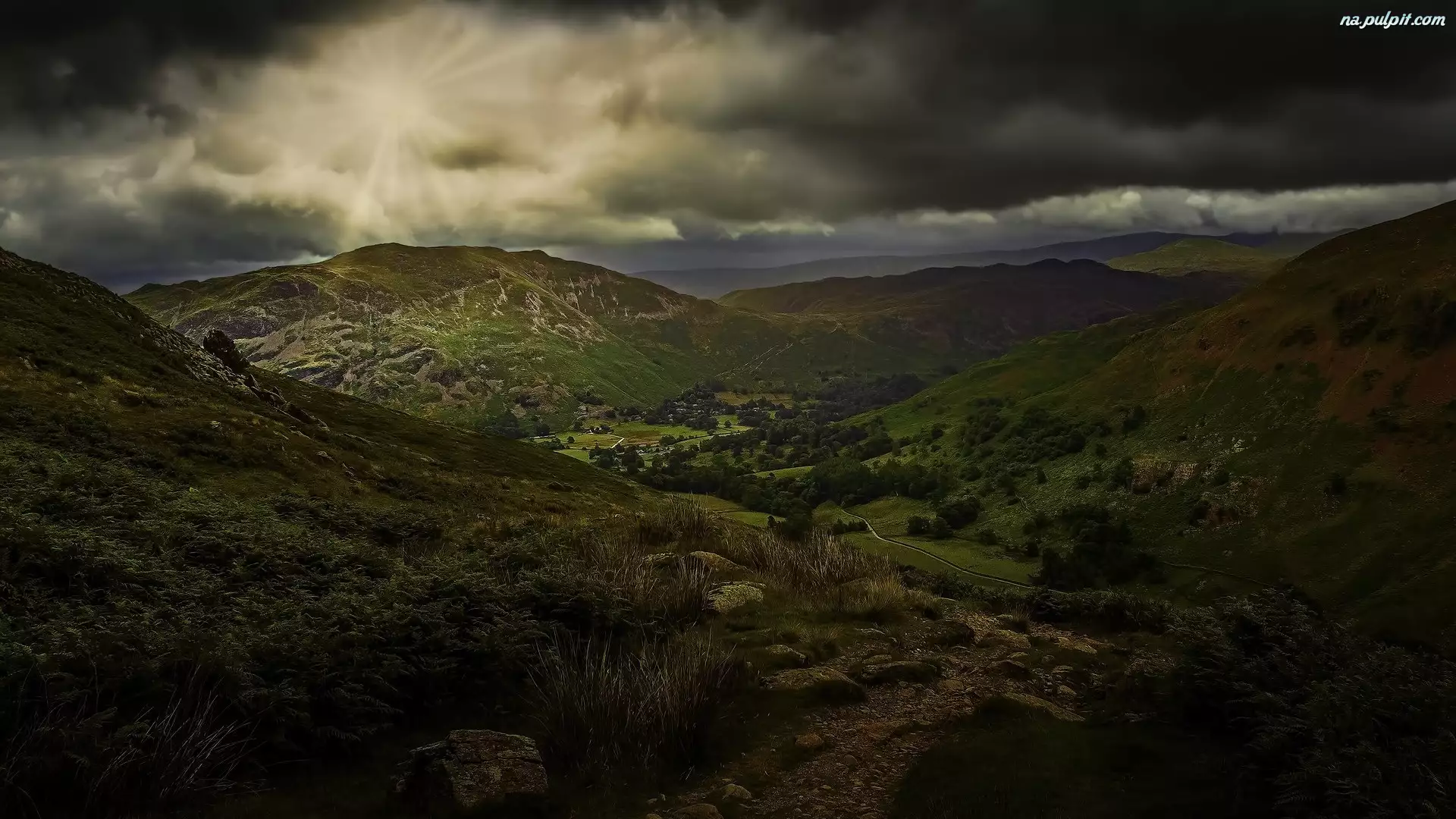 Dolina, Góry, Droga, Anglia, Chmury, Obszar Lake District