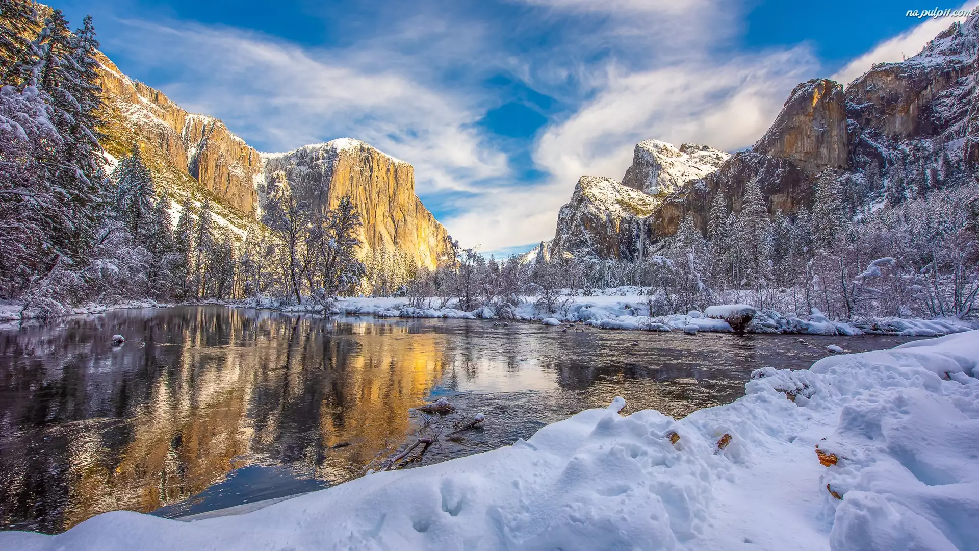 Stany Zjednoczone, Góry, Kalifornia, Śnieg, Park Narodowy Yosemite, Sierra Nevada, Rzeka, Zima, Merced River