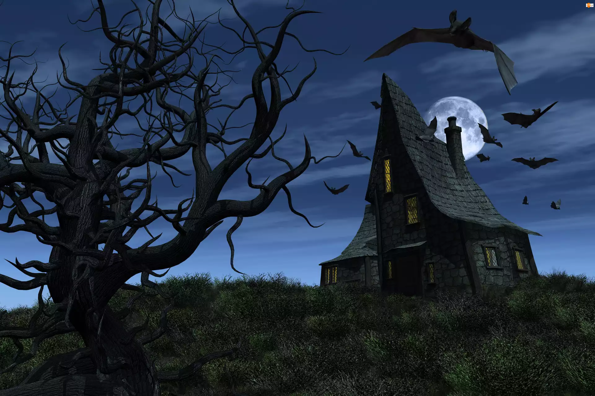 Nietoperze, Księżyc, Domek, Halloween, Drzewo
