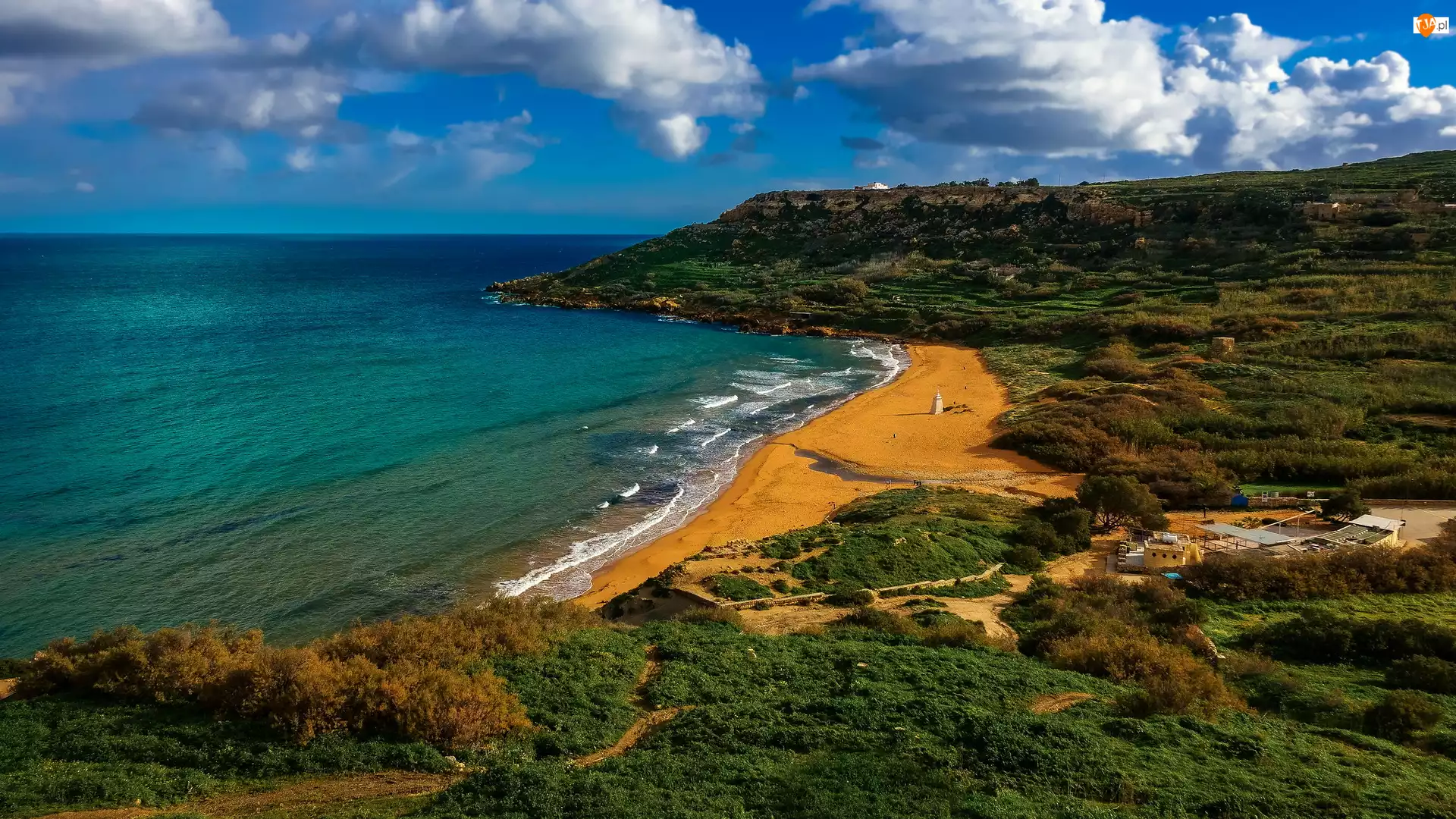 Plaża Czerwonego Piasku, Morze, Ramla Bay, Wyspa Gozo, Wzgórza, Plaża Ramla Beach, Malta, Zatoka