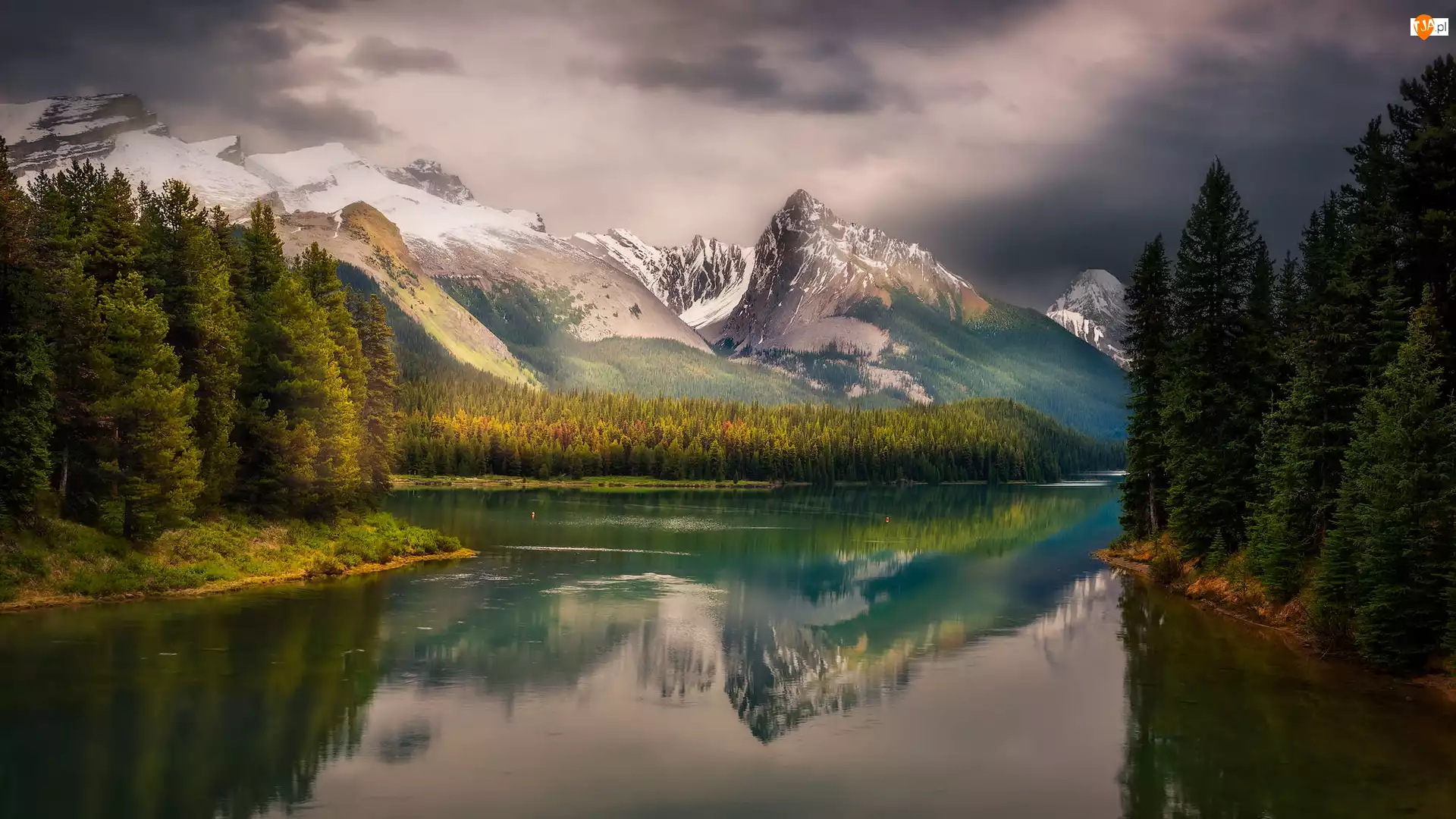 Jezioro Maligne, Lasy, Kanada, Park Narodowy Jasper, Prowincja Alberta, Góry, Drzewa