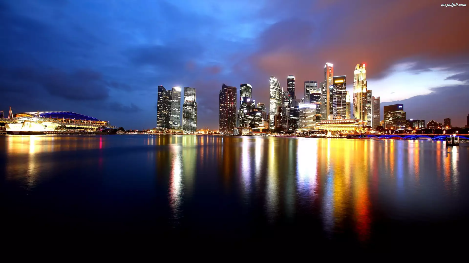 Noc, Singapur, Zatoka Marina, Wieżowce