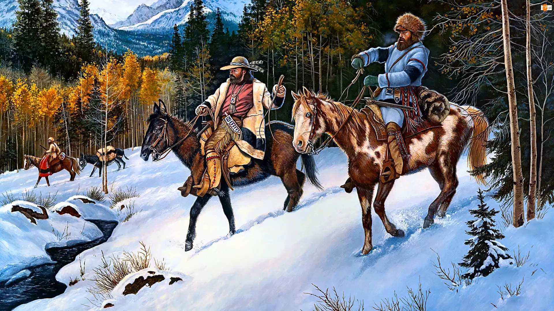 Konie, Zima, Mężczyźni, Malarstwo, Las, Jeźdźcy, Jerry Crandall, Góry