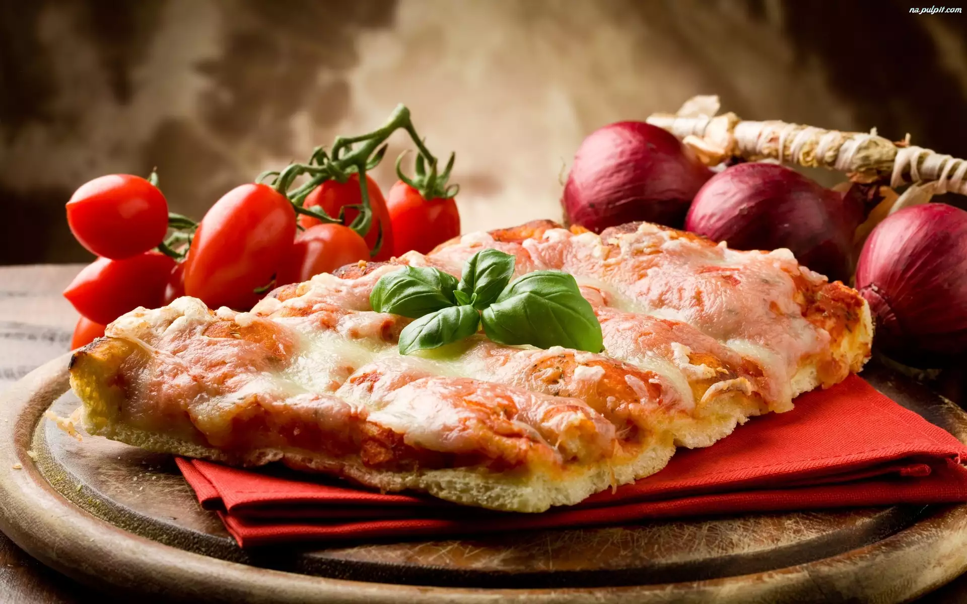 Czerwona, Serwetka, Pomidory, Pizza, Cebula