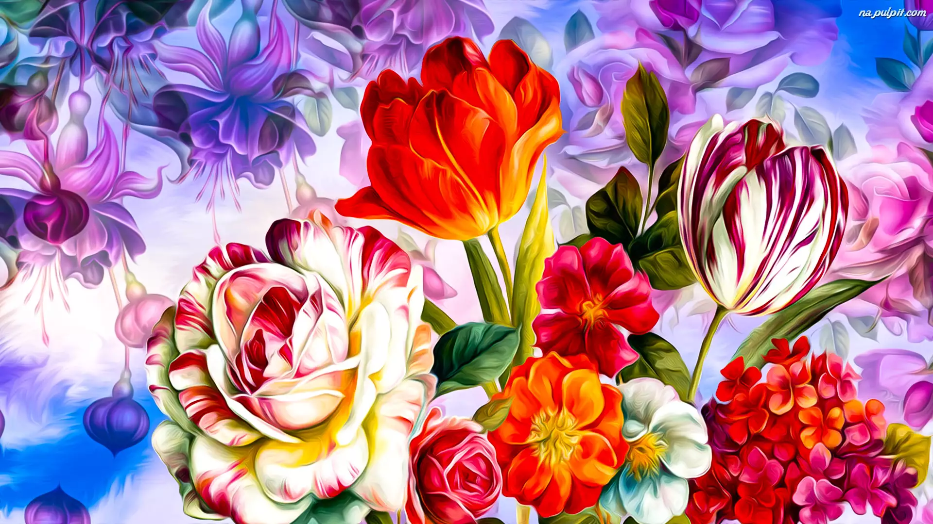 Grafika, Kwiaty, Róża, Tulipany