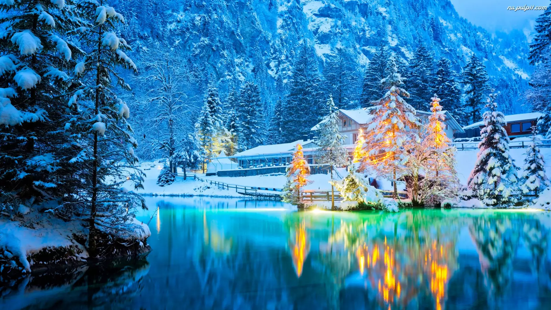 Jezioro Blausse, Zima, Drzewa, Odbicie, Śnieg, Góry, Szwajcaria, Dom