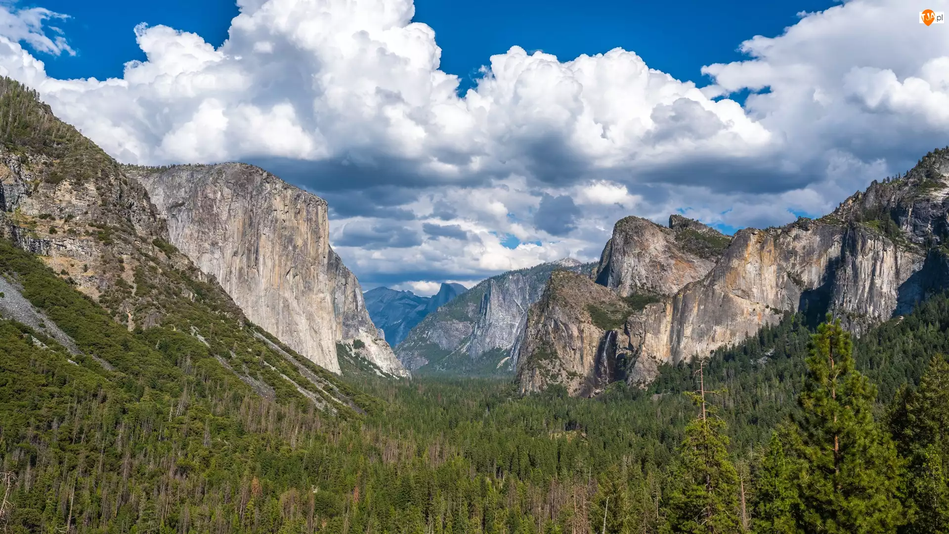 Stany Zjednoczone, Yosemite Valley, Stan Kalifornia, Lasy, Chmury, Park Narodowy Yosemite, Góry, Dolina, Drzewa