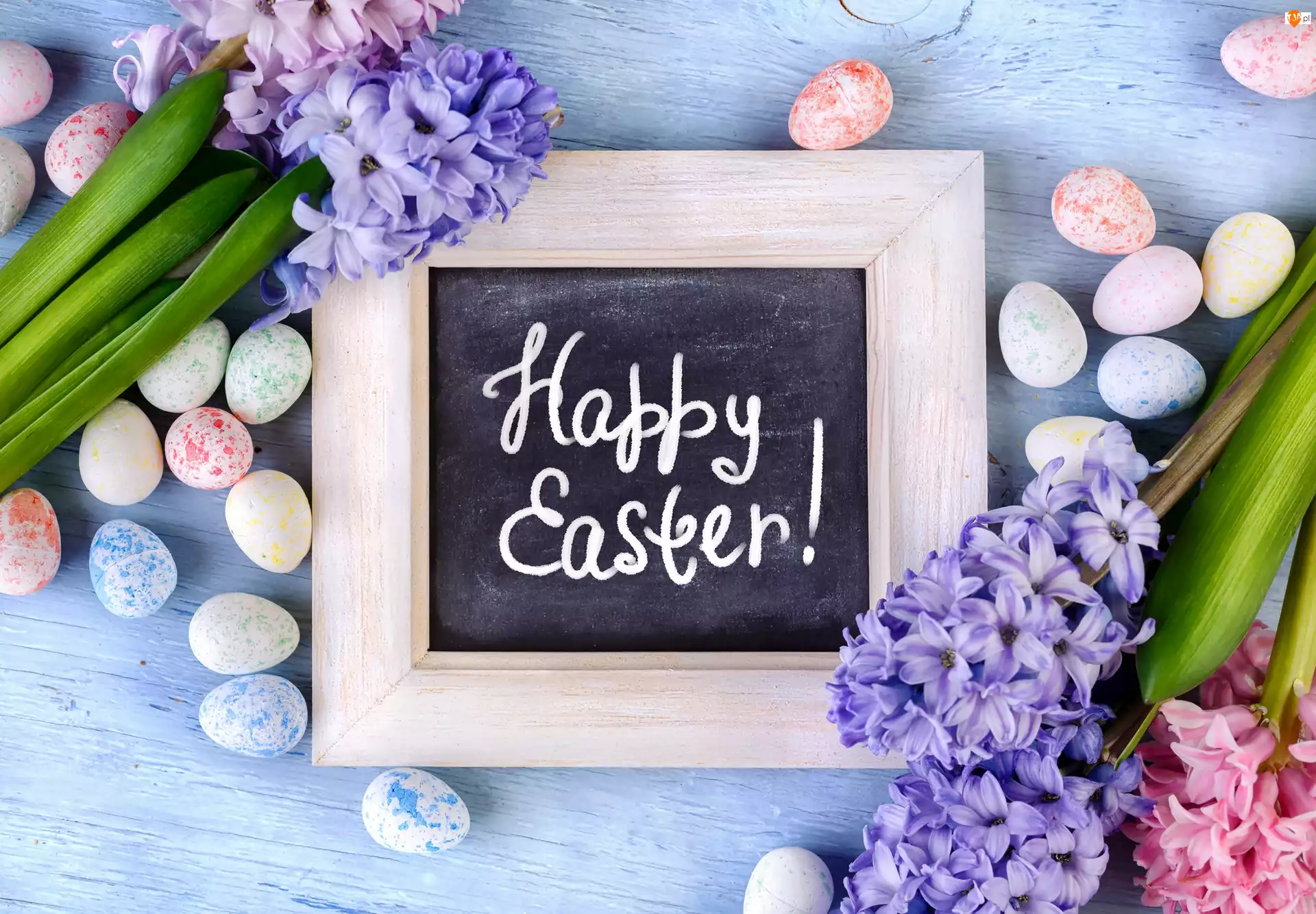 Kwiaty, Hiacynty, Happy Easter, Wielkanoc, Napis, Tabliczka, Pisanki