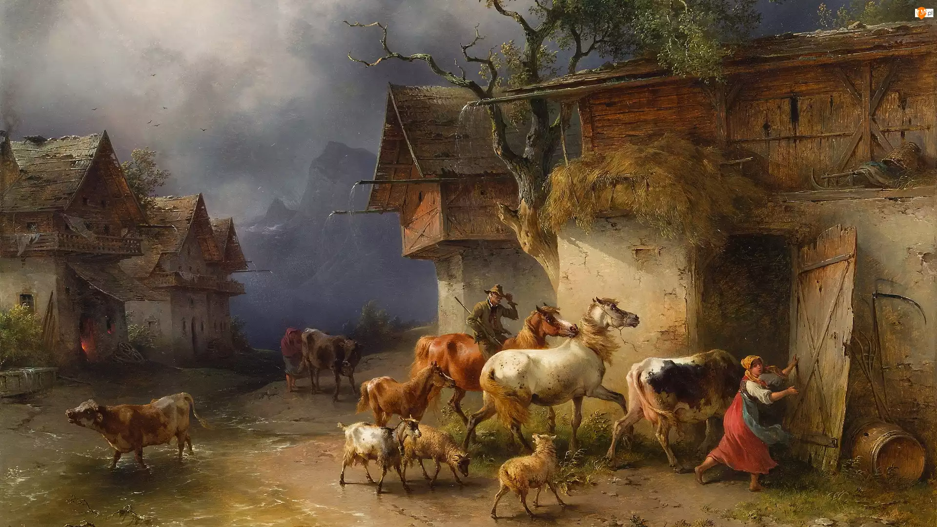 Zwierzęta, Obraz, Kobieta, Krowy, Konie, Friedrich Gauermann, Domy, Malarstwo, Obora