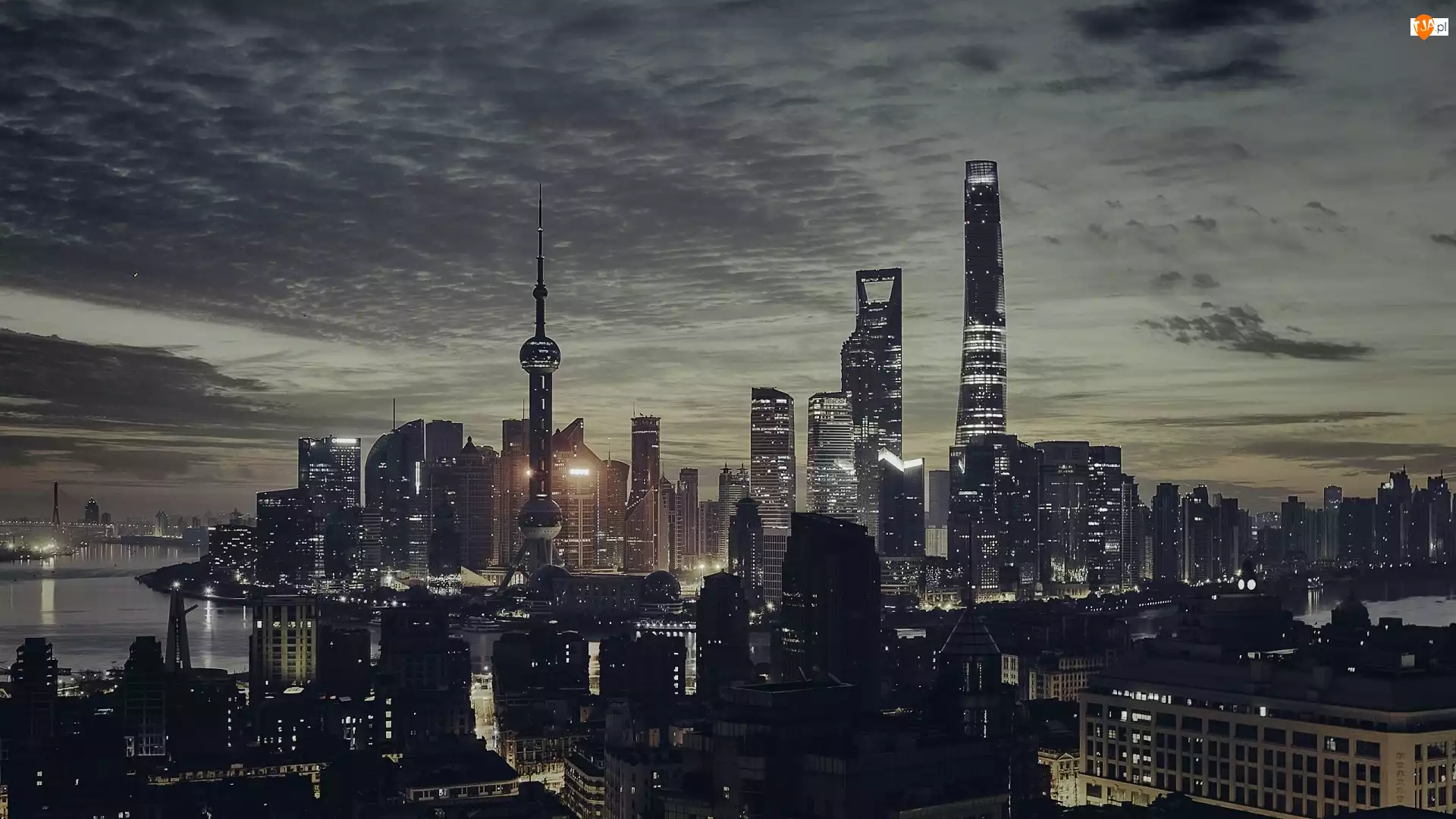 Drapacze chmur, Chiny, Szanghaj, Miasto nocą