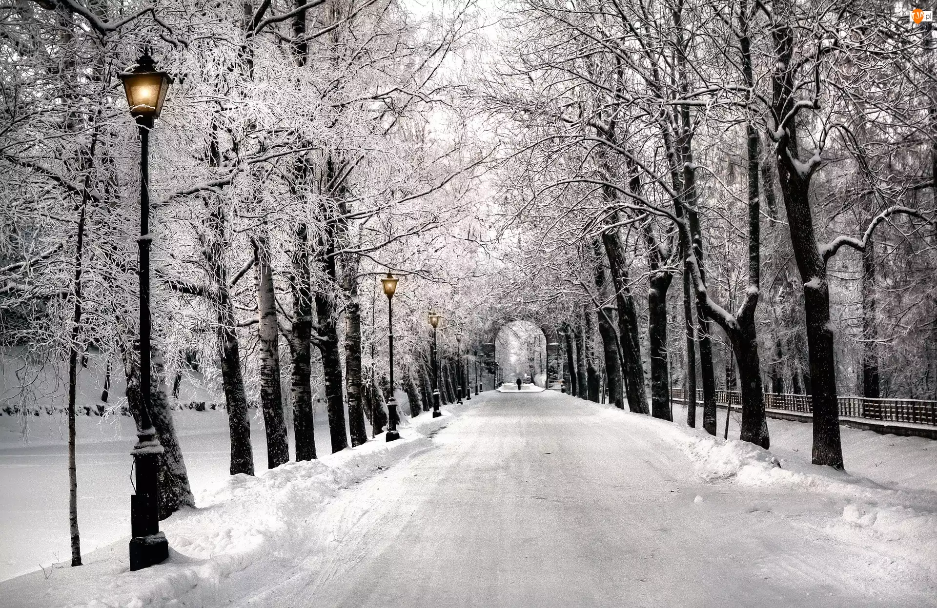 Śnieg, Park, Alejka, Latarnie