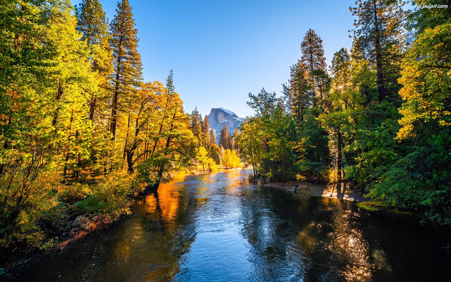 Stany Zjednoczone, Góry, Kalifornia, Drzewa, Jesień, Rzeka, Merced River, Park Narodowy Yosemite, Drzewa