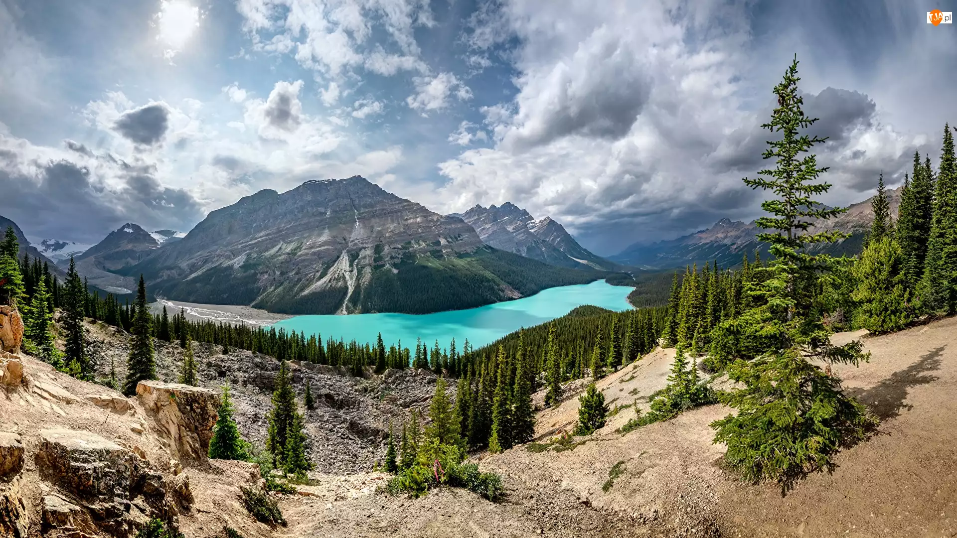 Kanada, Peyto, Park Narodowy Banff, Świerki, Prowincja Alberta, Góry, Chmury, Jezioro, Drzewa