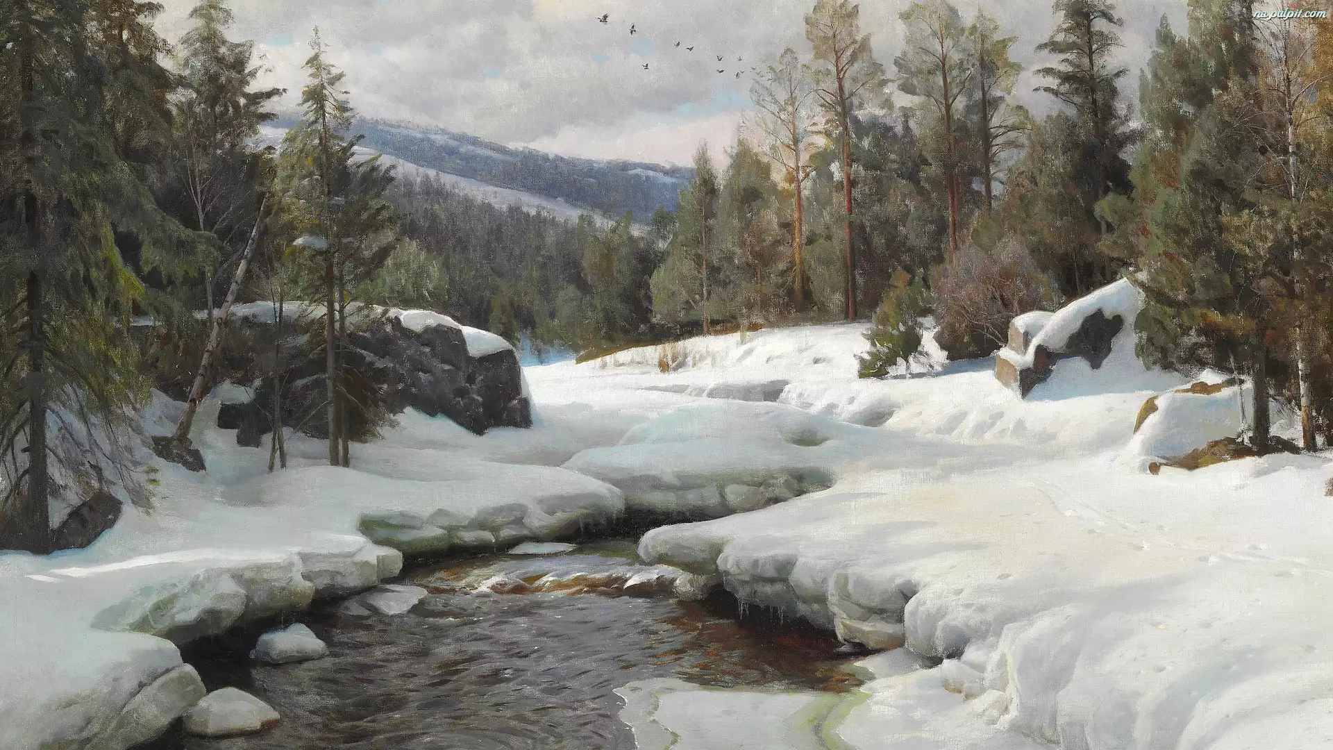 Obraz, Peder Mork Monsted, Góry, Malarstwo, Drzewa, Rzeka, Zima