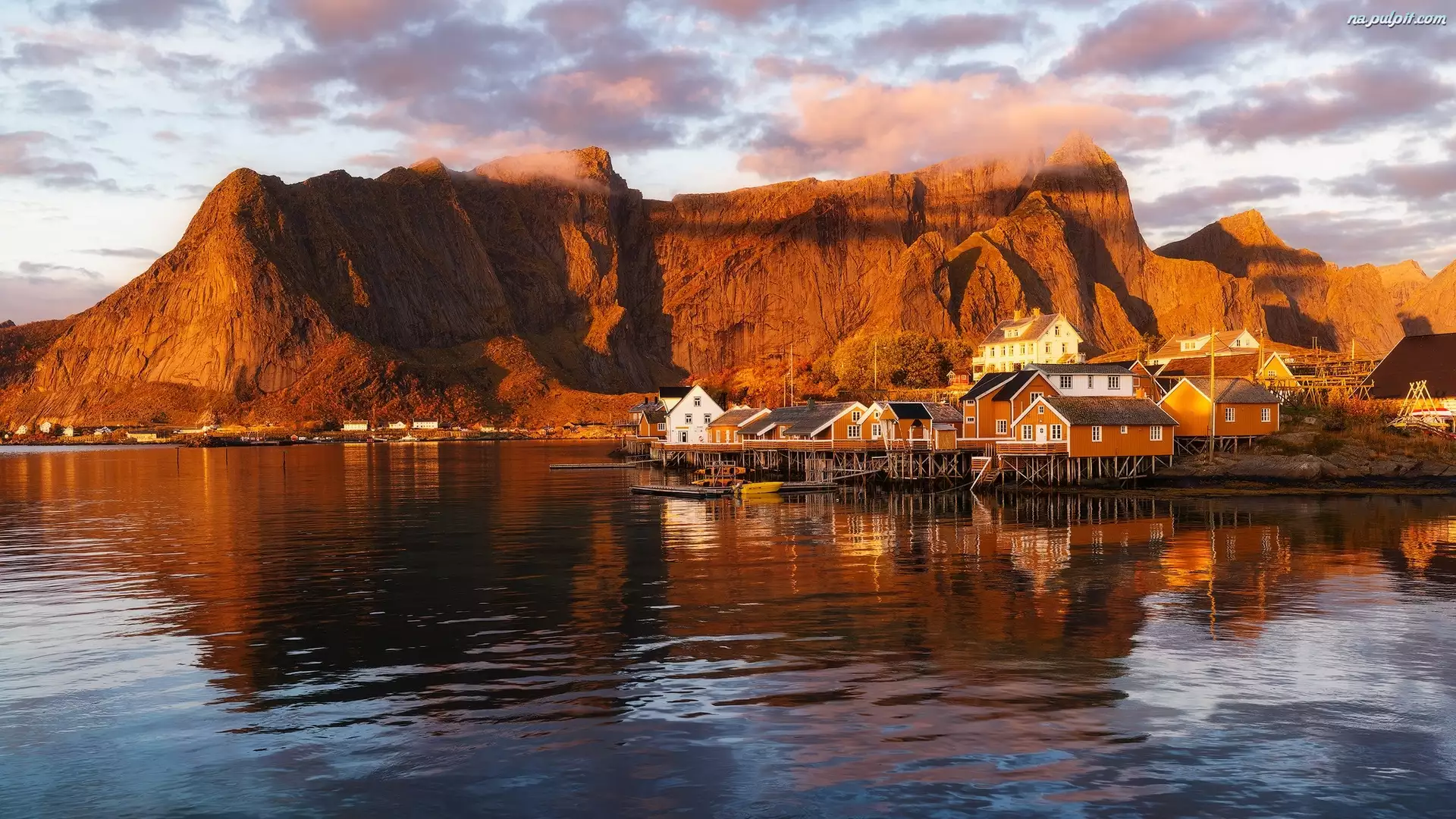 Morze, Domy, Lofoty, Norwegia, Góry