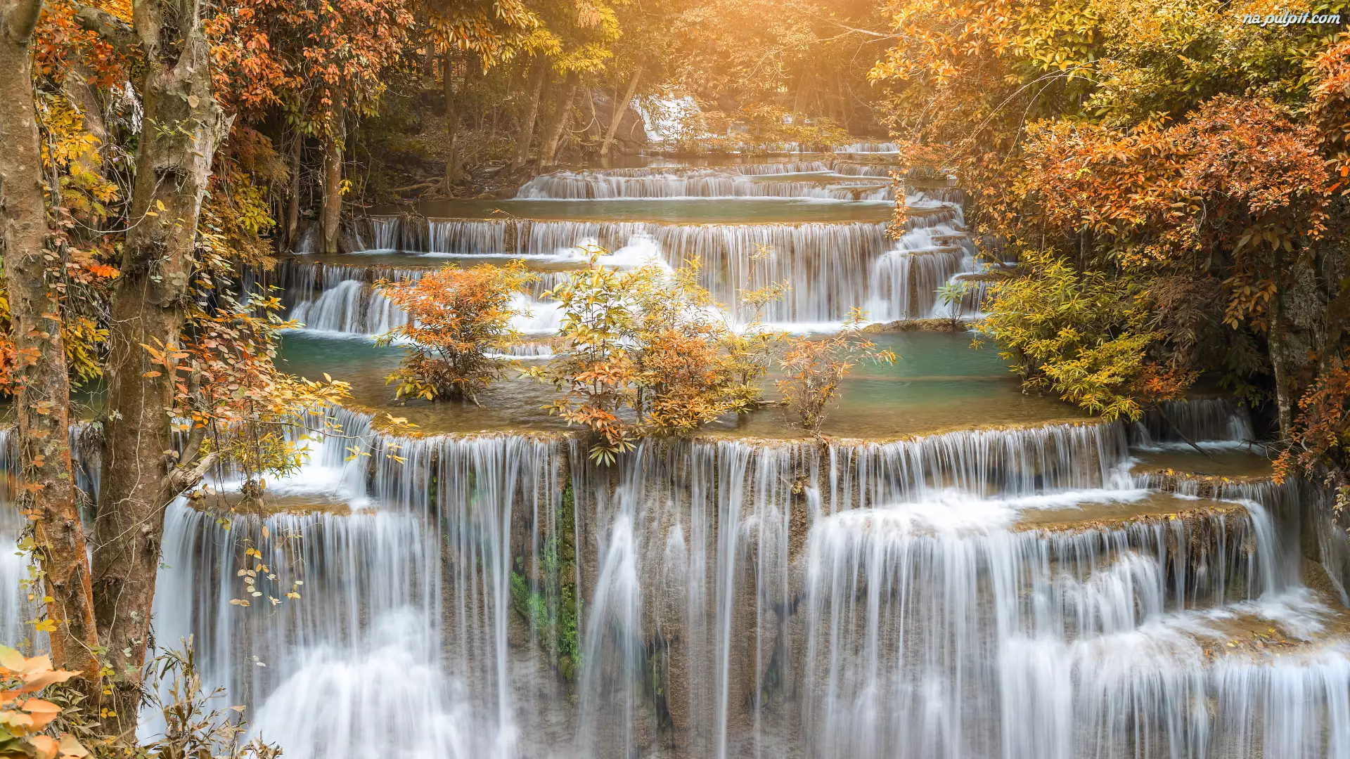 Prowincja, Jesień, Huay Mae Khamin Waterfalls, Kanchanaburi, Drzewa, Park Narodowy Khuean Srinagarindra, Tajlandia, Wodospad