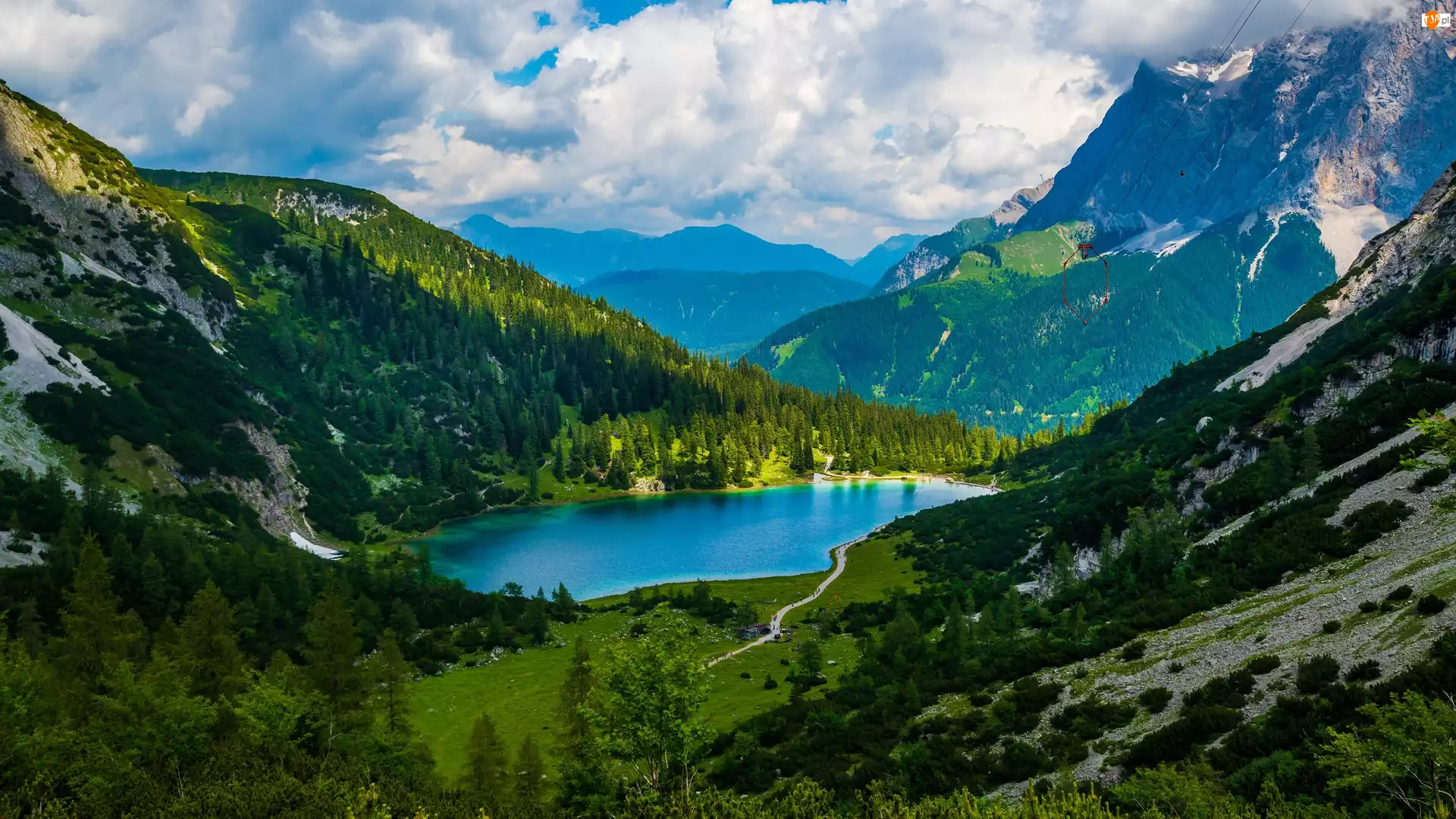 Austria, Chmury, Zieleń, Drzewa, Alpy, Góry, Seebensee, Jezioro, Lasy, Tyrol