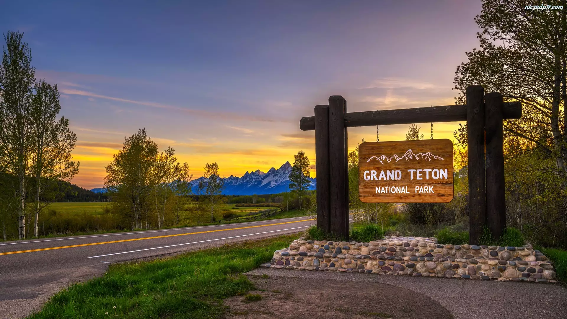 Wyoming, Park Narodowy Grand Teton, Tablica, Stany Zjednoczone, Droga, Drzewa, Góry
