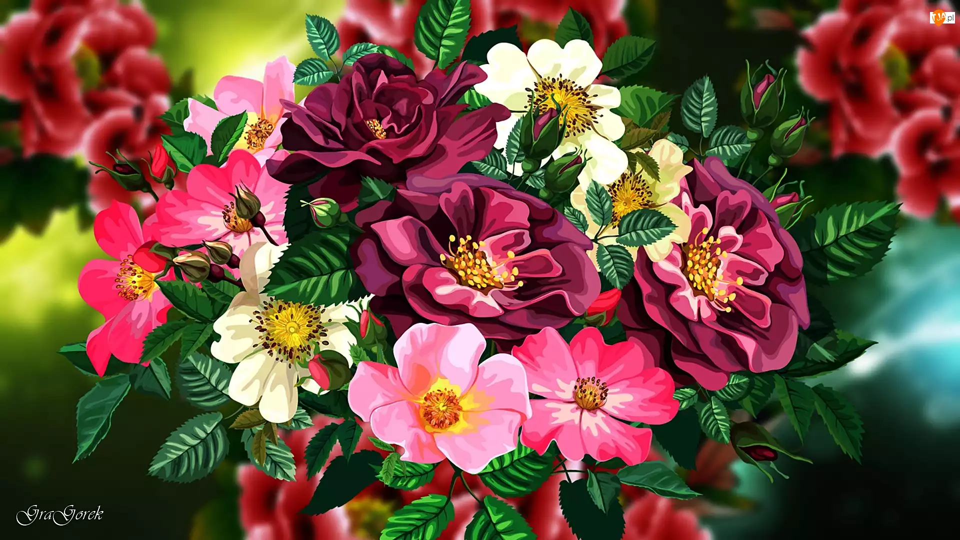 Grafika 2D, Kwiaty, Bukiet, Róże