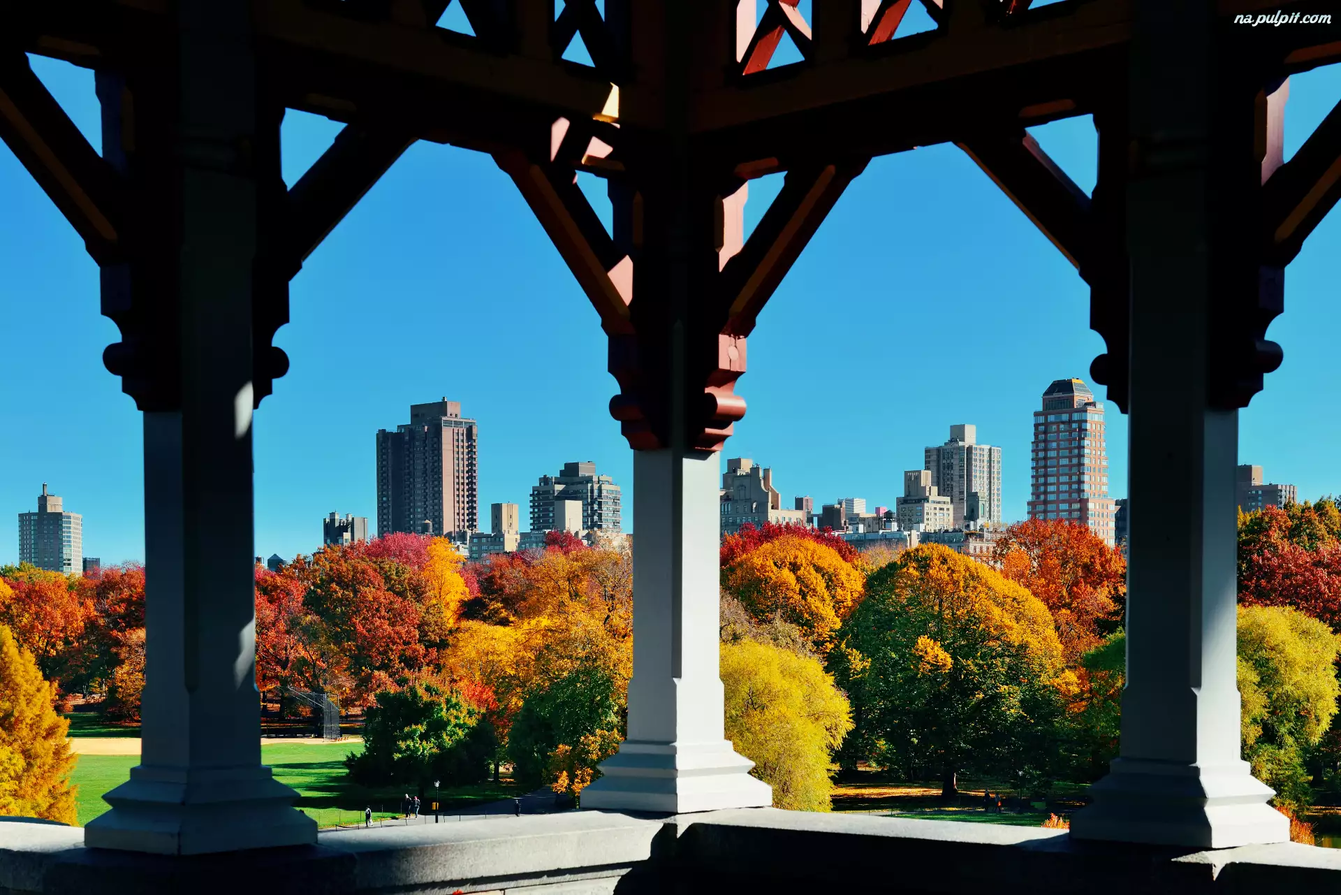 Nowy Jork, Jesień, Drzewa, Manhattan, Central Park, Wieżowce, Stany Zjednoczone, Kolumny