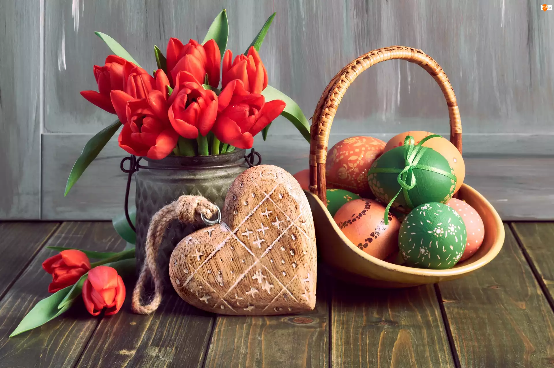 Wielkanoc, Koszyk, Tulipany, Święta, Czerwone, Serce, Pisanki