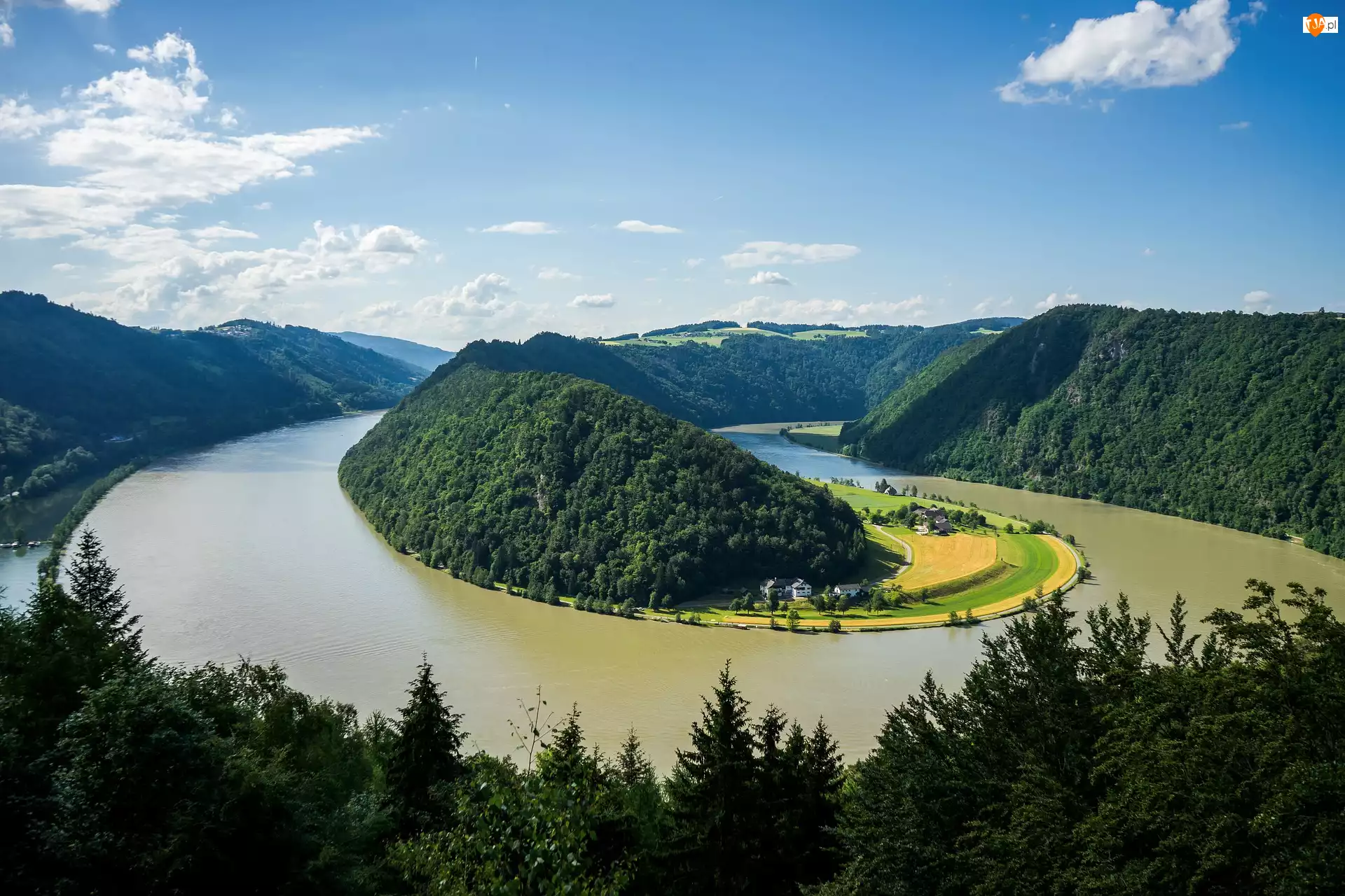 Drzewa, Góry, Rzeka Dunaj, Austria, Zakole, Haibach ob der Donau