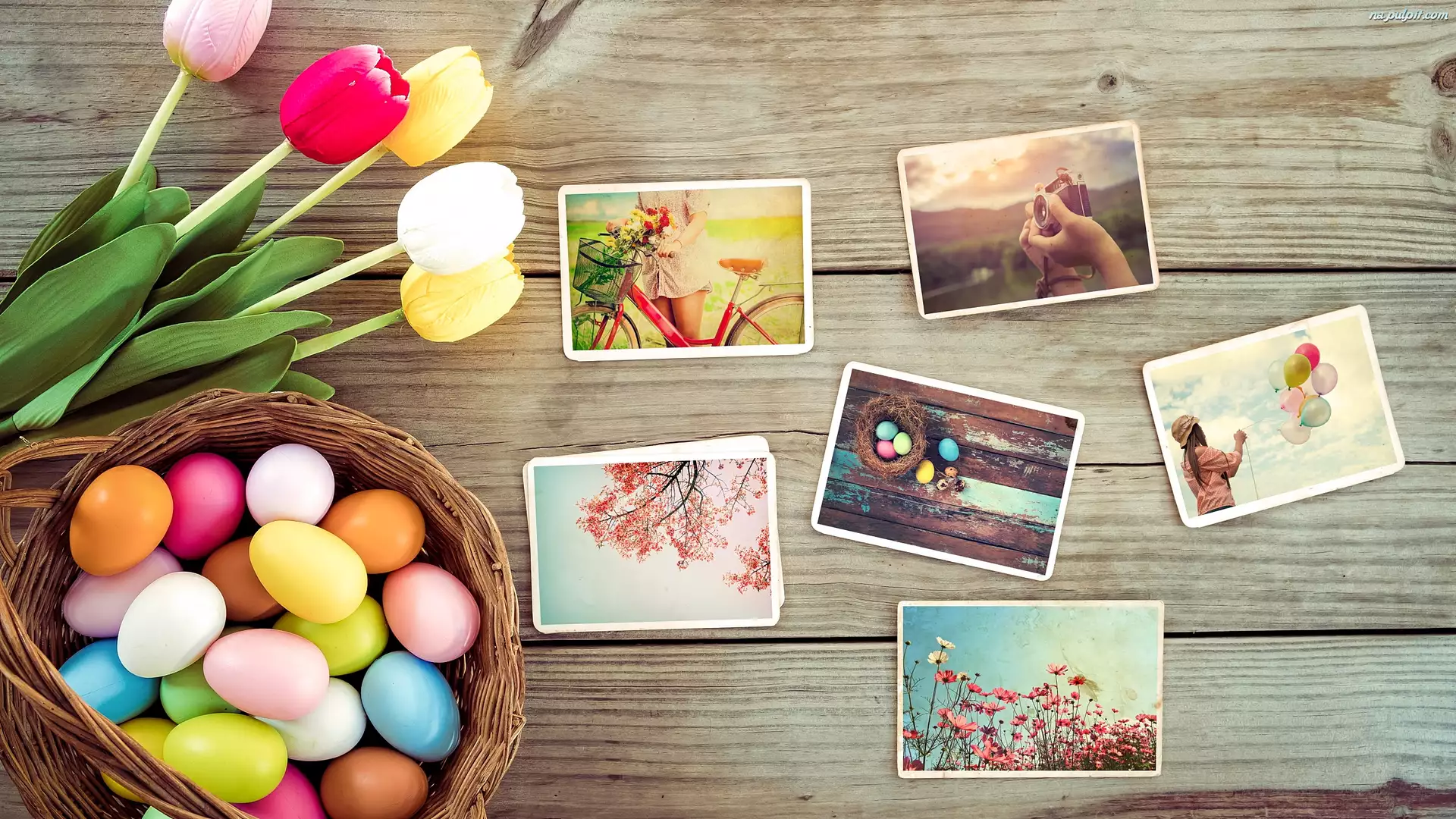 Gniazdo, Wielkanoc, Tulipany, Kompozycja, Zdjęcia, Pisanki, Deski, Sztuczne