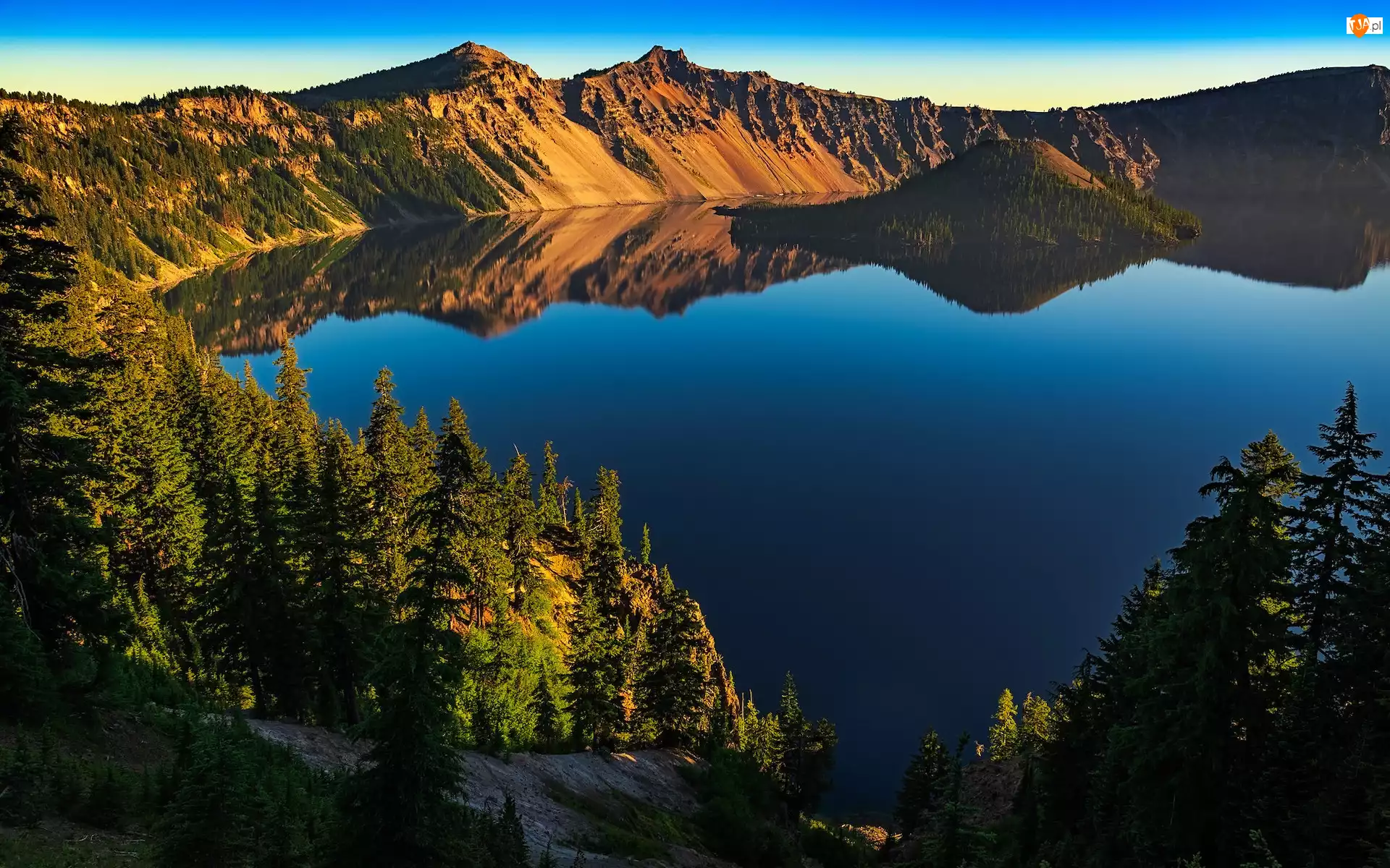 Jezioro Kraterowe, Góry, Stany Zjednoczone, Park Narodowy Jeziora Kraterowego, Stan Oregon, Odbicie, Drzewa