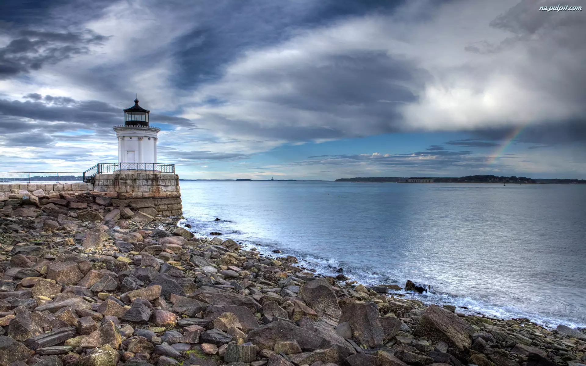 Stan Maine, Stany Zjednoczone, Kamienie, Tęcza, Latarnia morska Portland Breakwater Light, Morze