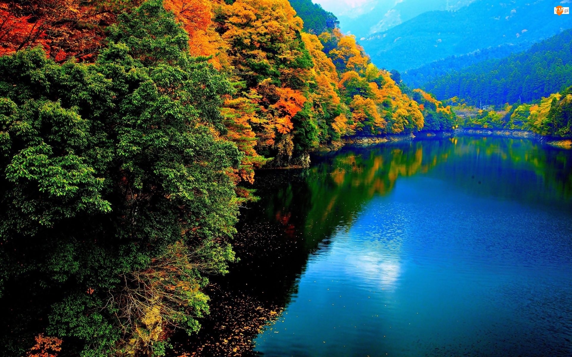 Jesień, Jezioro, Lasy, Góry
