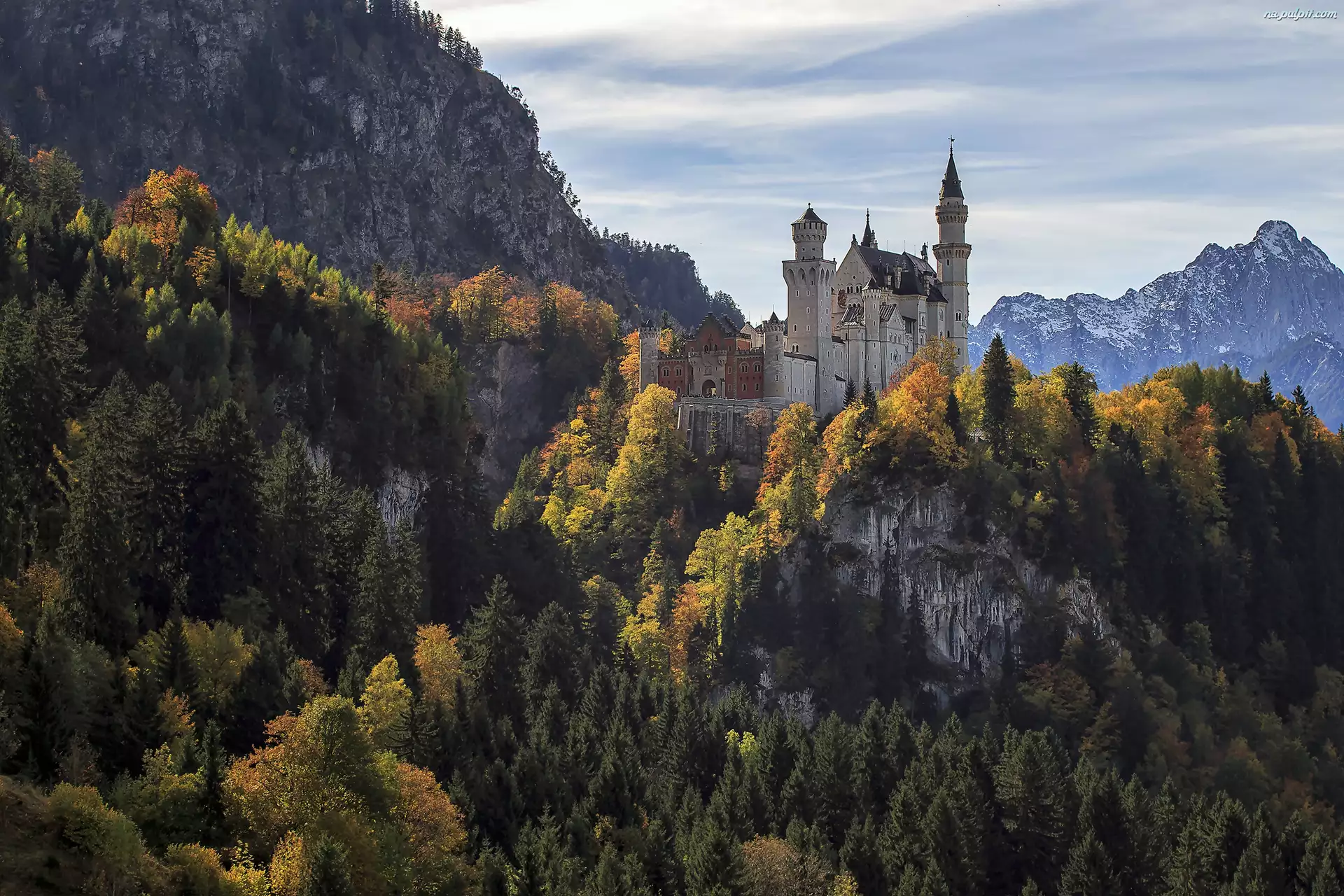 Neuschwanstein, Niemcy, Jesień, Góry, Zamek, Lasy