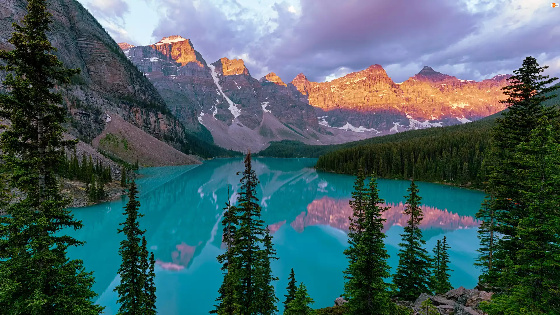Prowincja Alberta, Jezioro Moraine, Odbicie, Kanada, Drzewa, Góry, Park Narodowy Banff