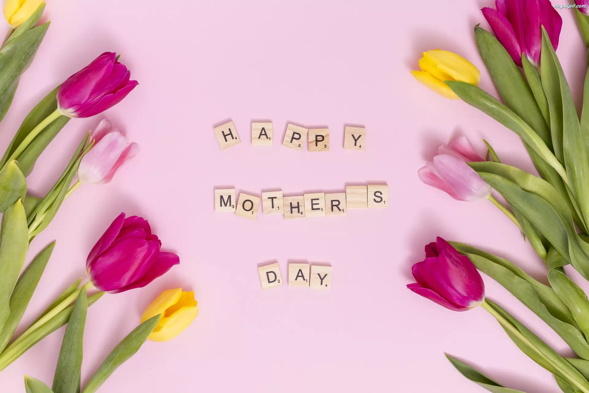 Dzień Matki, Wiosna, Happy Monters Day, Tulipany, Napis, Kwiaty