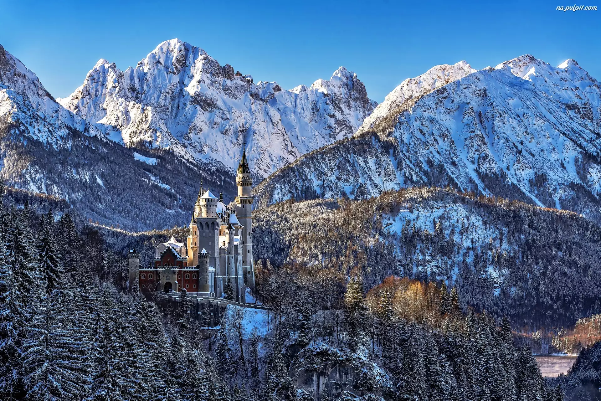 Zima, Bawaria, Neuschwanstein, Zamek, Góry