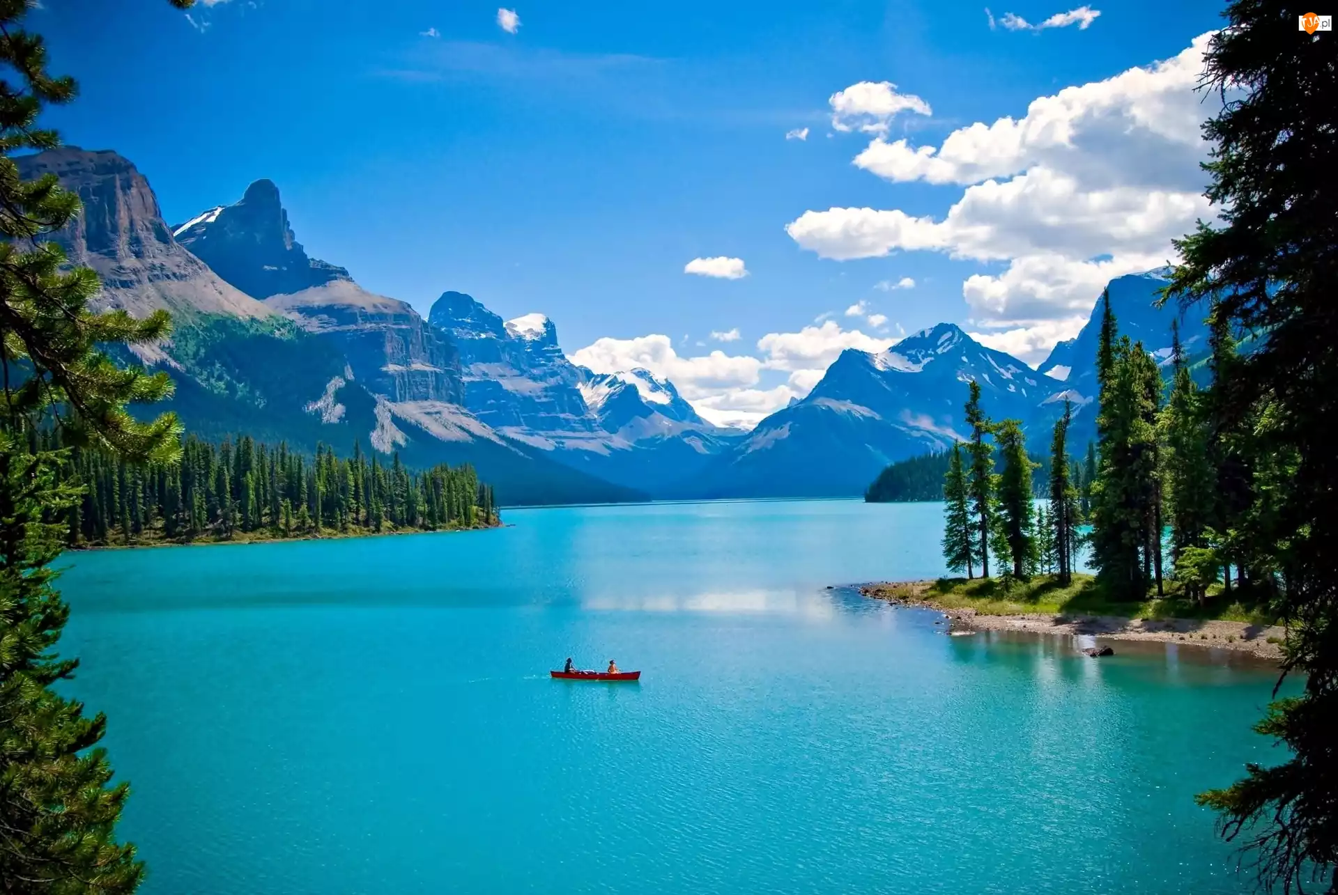 Jezioro, Łódka, Las, Góry, Kanada