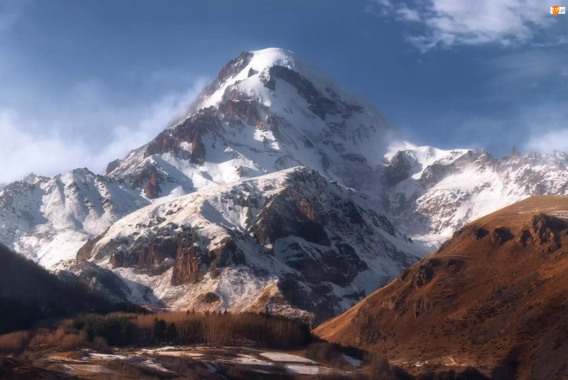 Kaukaz, Wulkan, Zima, Góry, Niebo, Śnieg, Szczyt Kazbek