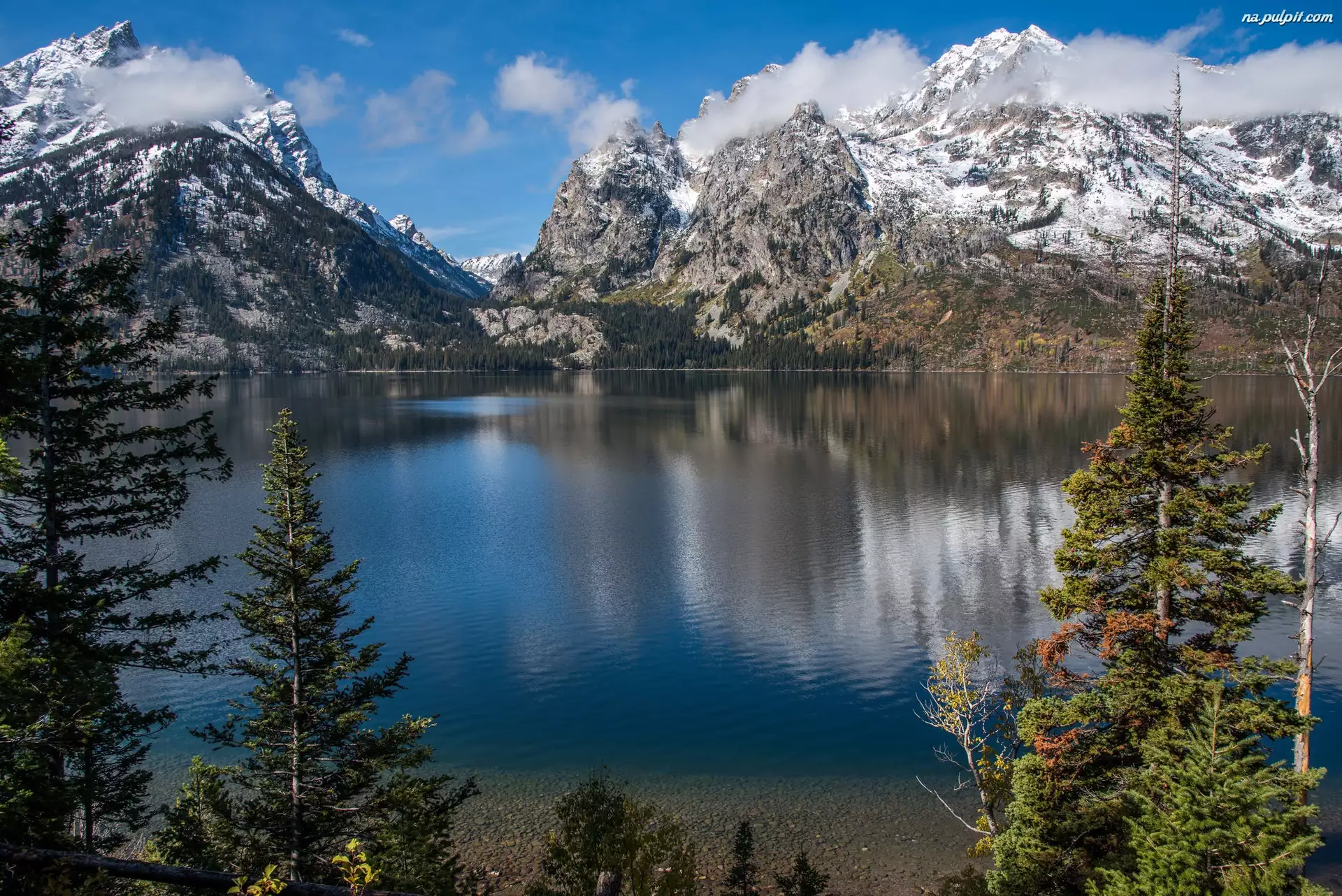 Stan Wyoming, Park Narodowy Grand Teton, Chmury, Stany Zjednoczone, Drzewa, Góry, Jezioro Jenny Lake
