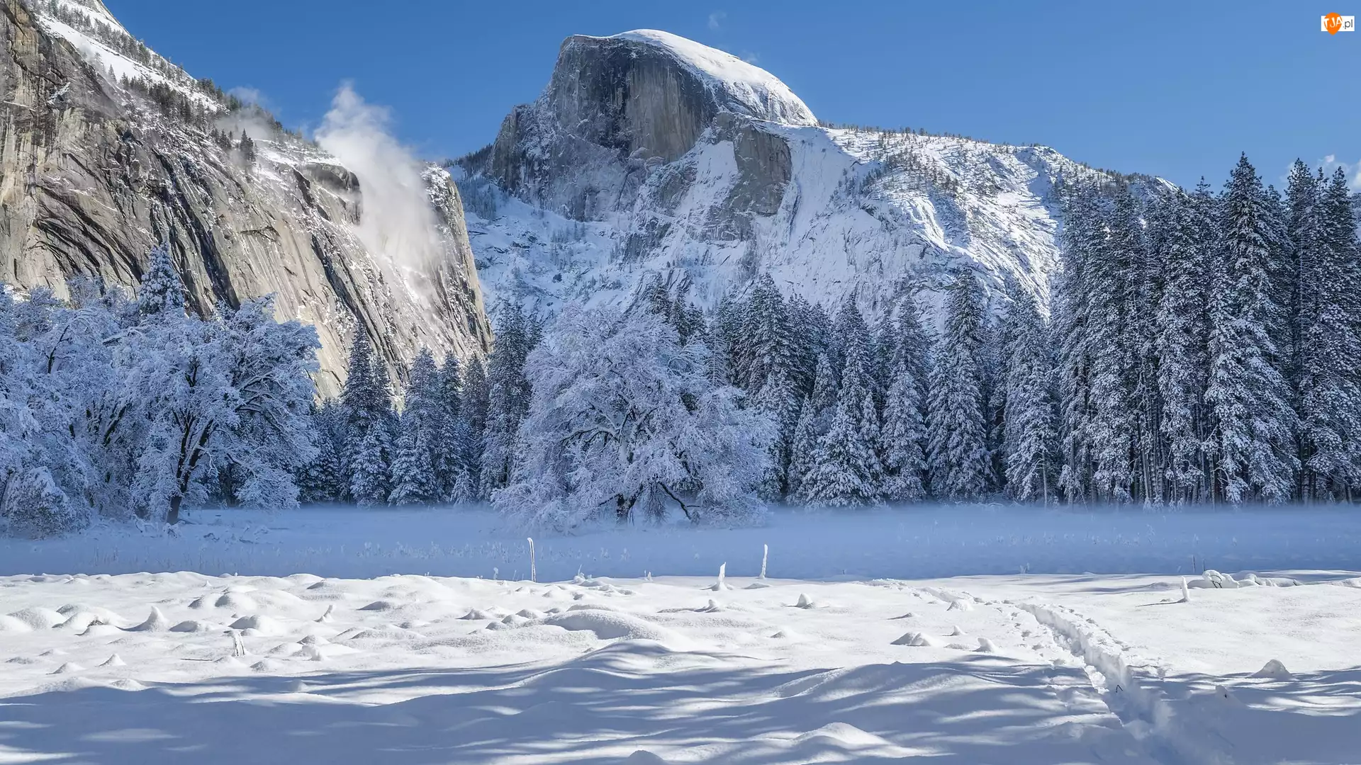 Zima, Park Narodowy Yosemite, Śnieg, Kalifornie, Góry, Drzewa, Stany Zjednoczone, Sierra Nevada