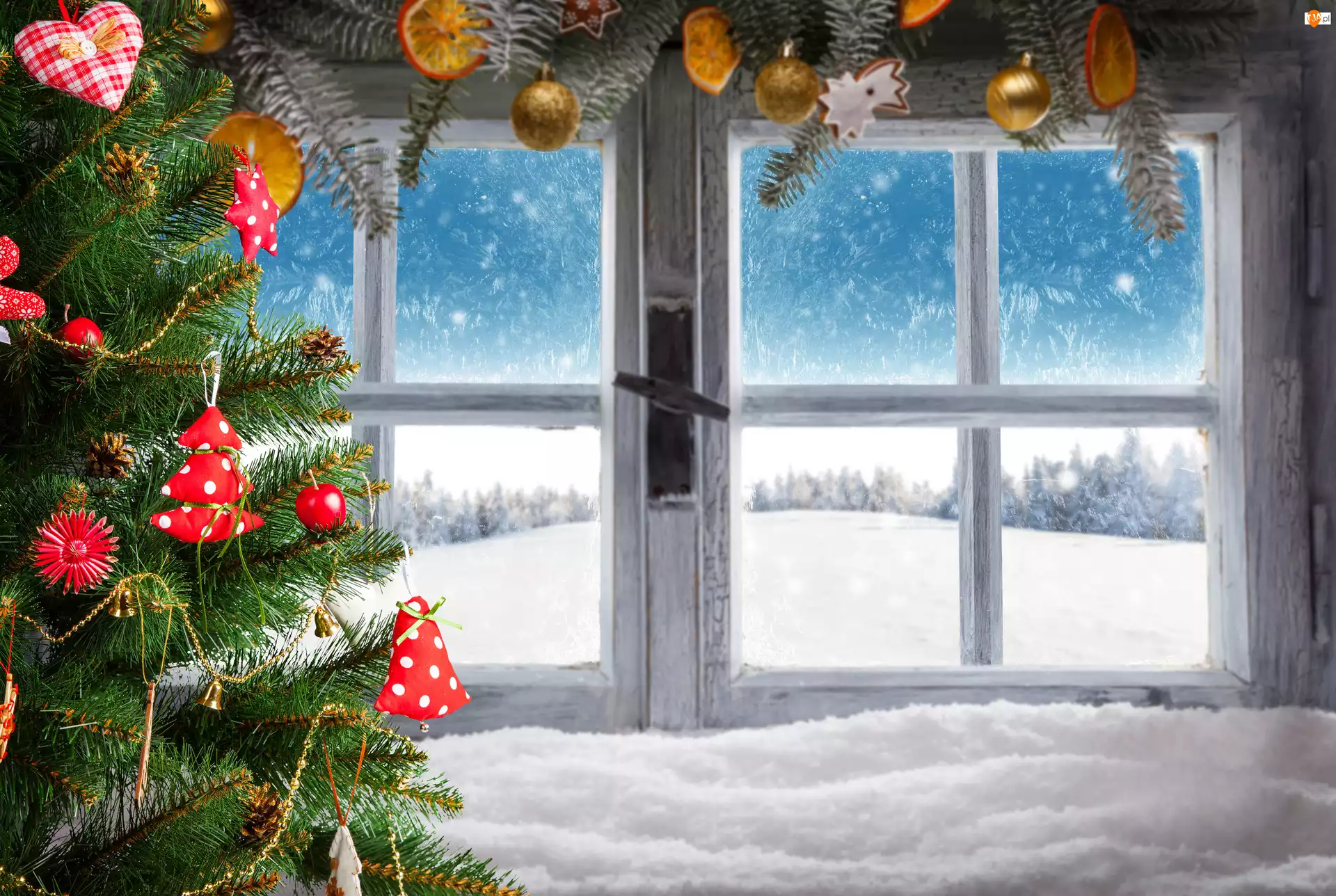 Okno, Dekoracja, Choinka, Boże Narodzenie, Zima