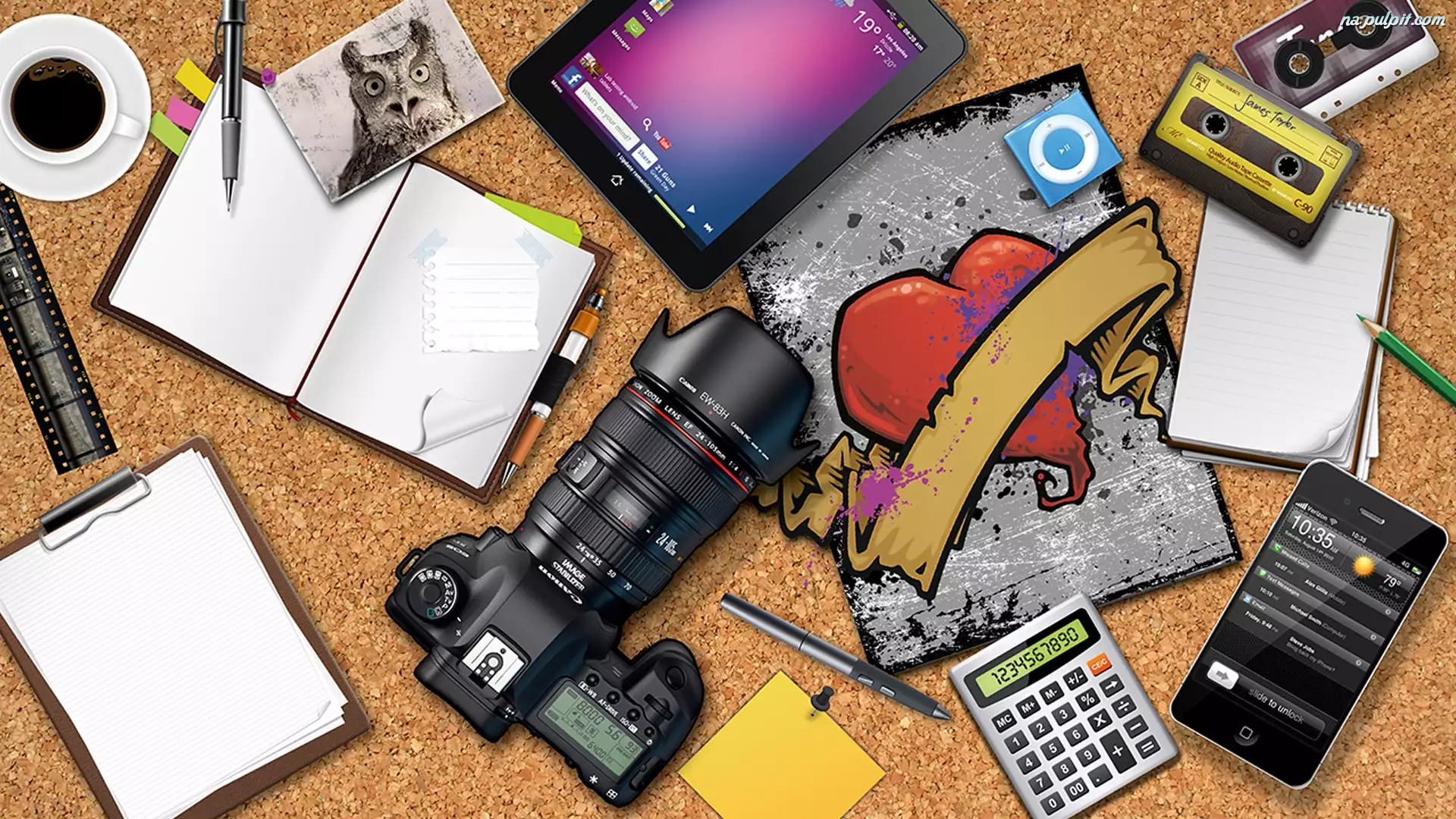 Telefon komórkowy, Tablet, Kalkulator, Aparat fotograficzny, Kasety