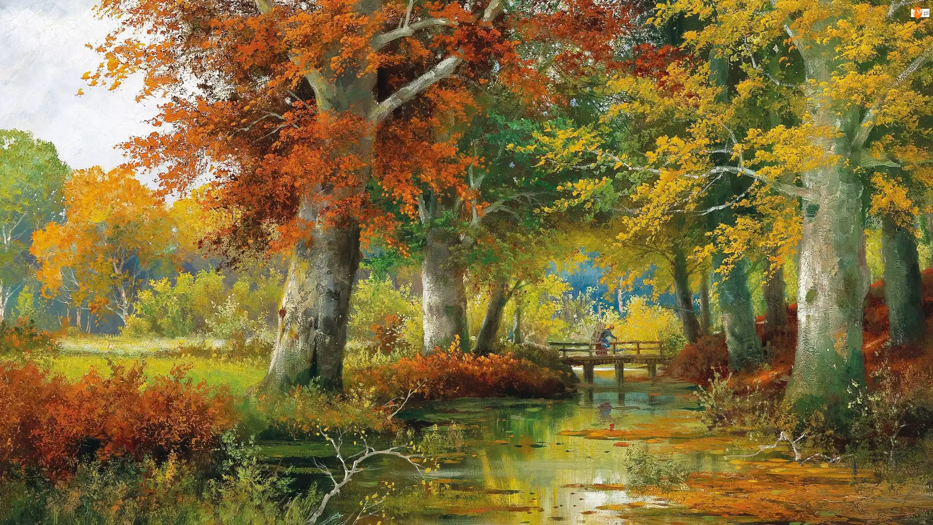 Obraz, Alois Arnegger, Drzewa, Malarstwo, Most, Rzeka, Jesień