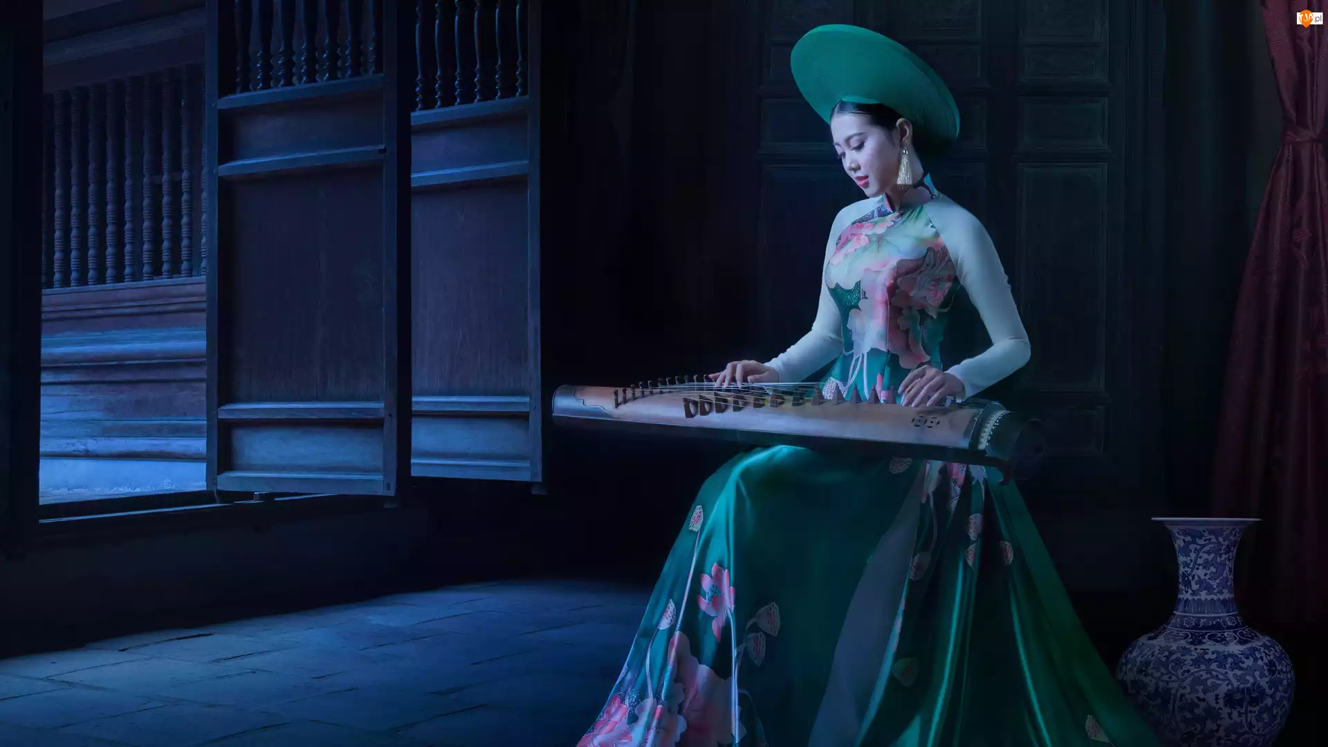 Azjatka, Zielona, Guzheng, Dziewczyna, Instrument, Kapelusz, Sukienka