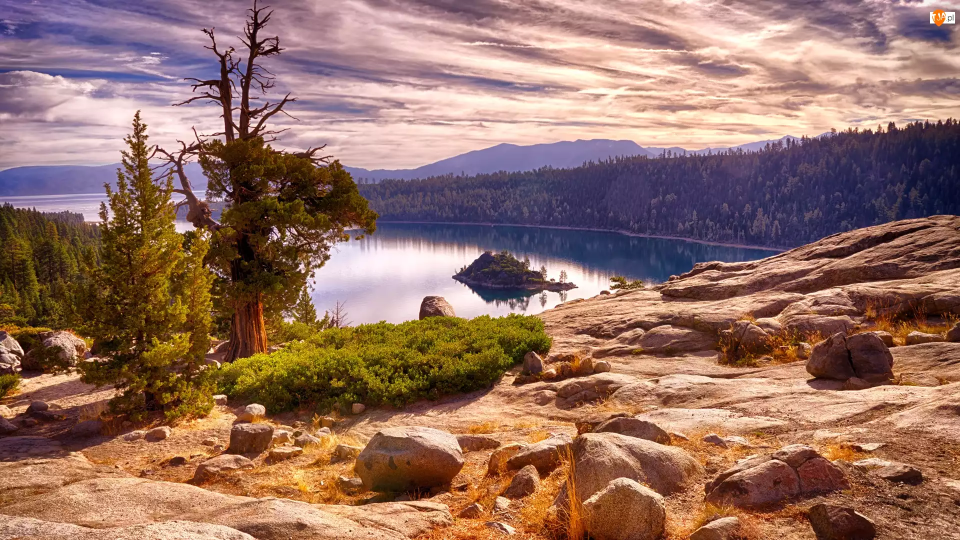 Stany Zjednoczone, Jezioro, Kalifornia, Lasy, Drzewa, Lake Tahoe, Wyspa Fannette, Góry, Park Emerald Bay