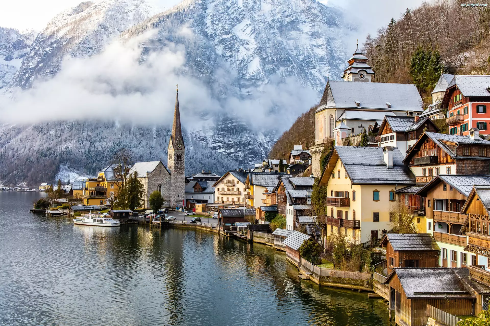 Hallstatt, Austria, Góry, Zima, Domy, Jezioro